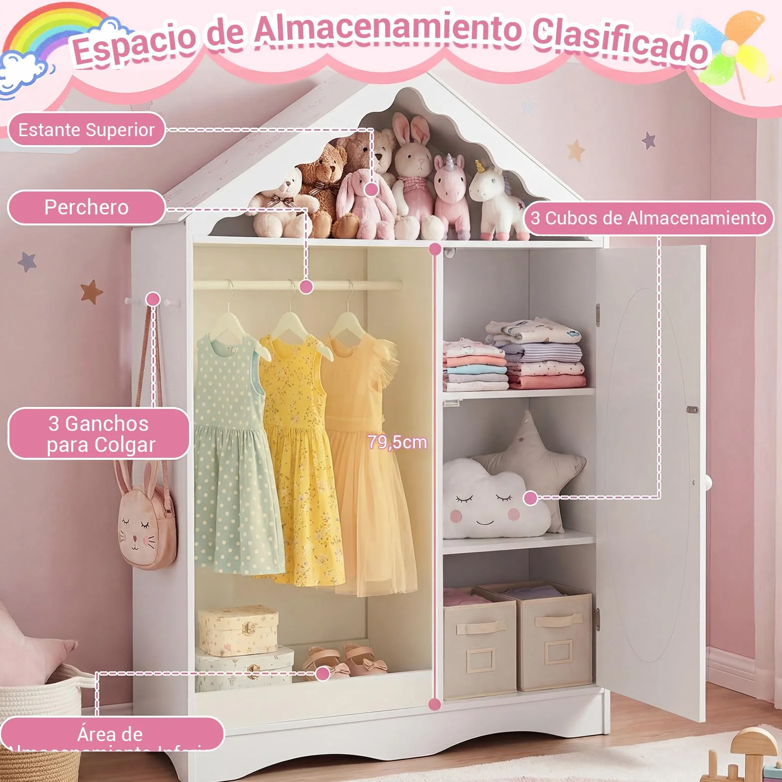 COSTWAY Armario Infantil con Espejo, Tejado y Barra Colgante Organizador Dormitorio (Blanco)