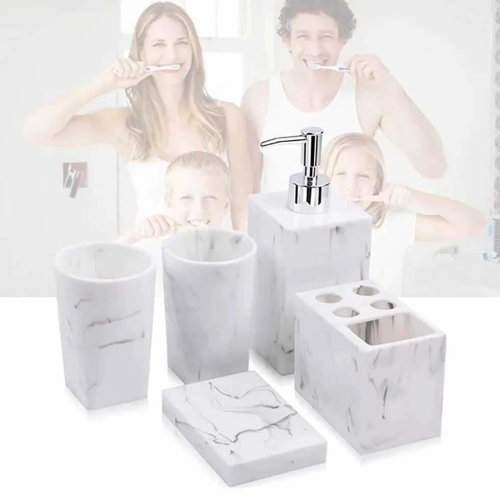 DSMYYXGS Juego de Accesorios for Baño 5 Piezas Colección Marble Pattern Accesorios Conjunto - Porta Cepillos de Dientes, Jabonera, Dispensador de Jabón, Vaso for Enjuague Bucal