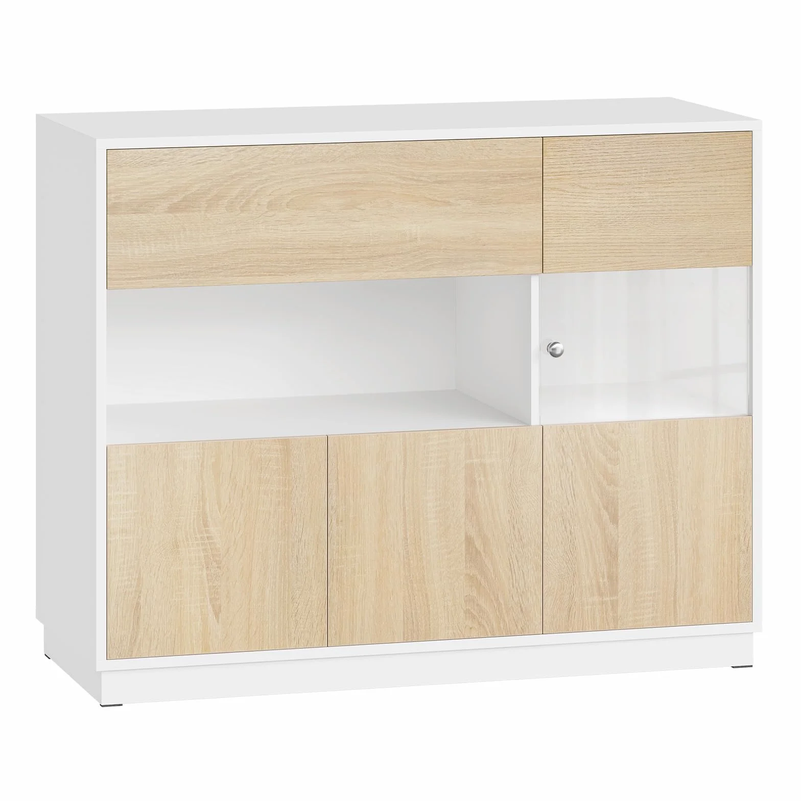 WOLTU Aparador Cocina, Buffet Cocina con Cajones, Zona Abierta y Puerta Transparente, Mueble Auxiliar para Comedor, Salón y Cocina, 100x40x80 cm, Roble Claro+Blanco