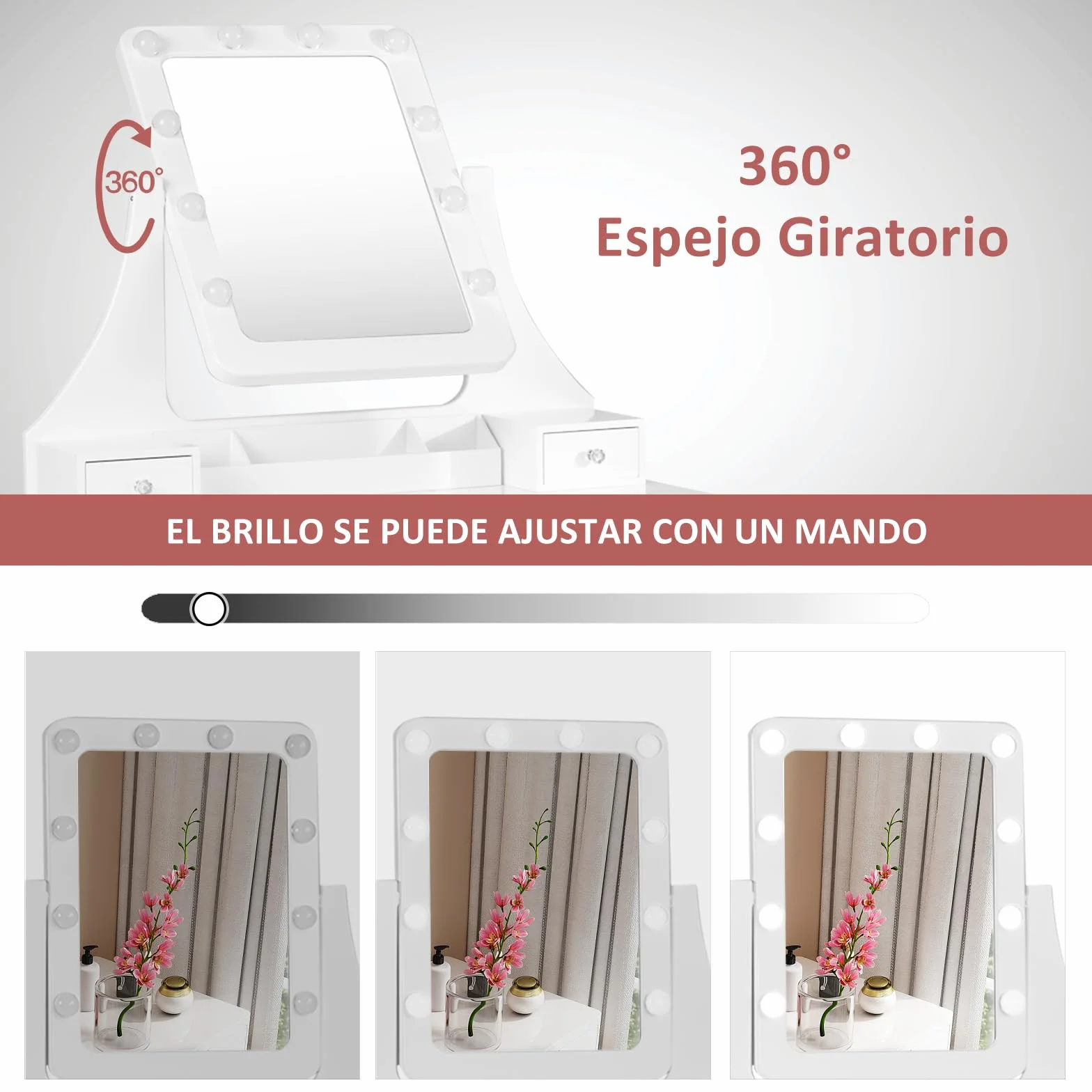 RELAX4LIFE Tocador de Maquillaje con Espejo Extraíble y Giratorio 360° y 10 Luces LED Regulables, Tocador Maquillaje con Taburete Acolchado, 5 Cajones, 3 Compartimentos y 2 Estantes (Blanco)