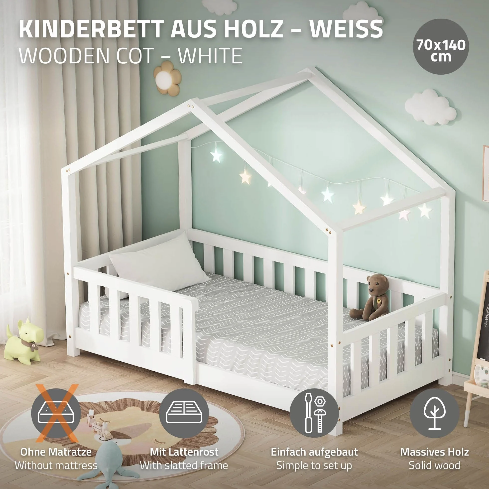 ML-Design Cama Infantil Casa 70x140 cm Madera Blanca Maciza de Pino, Casita Estilo Montessori con Somier de Láminas, Techo y Protección Anticaída, Cuna Baja de Suelo para Niños, Litera Junior