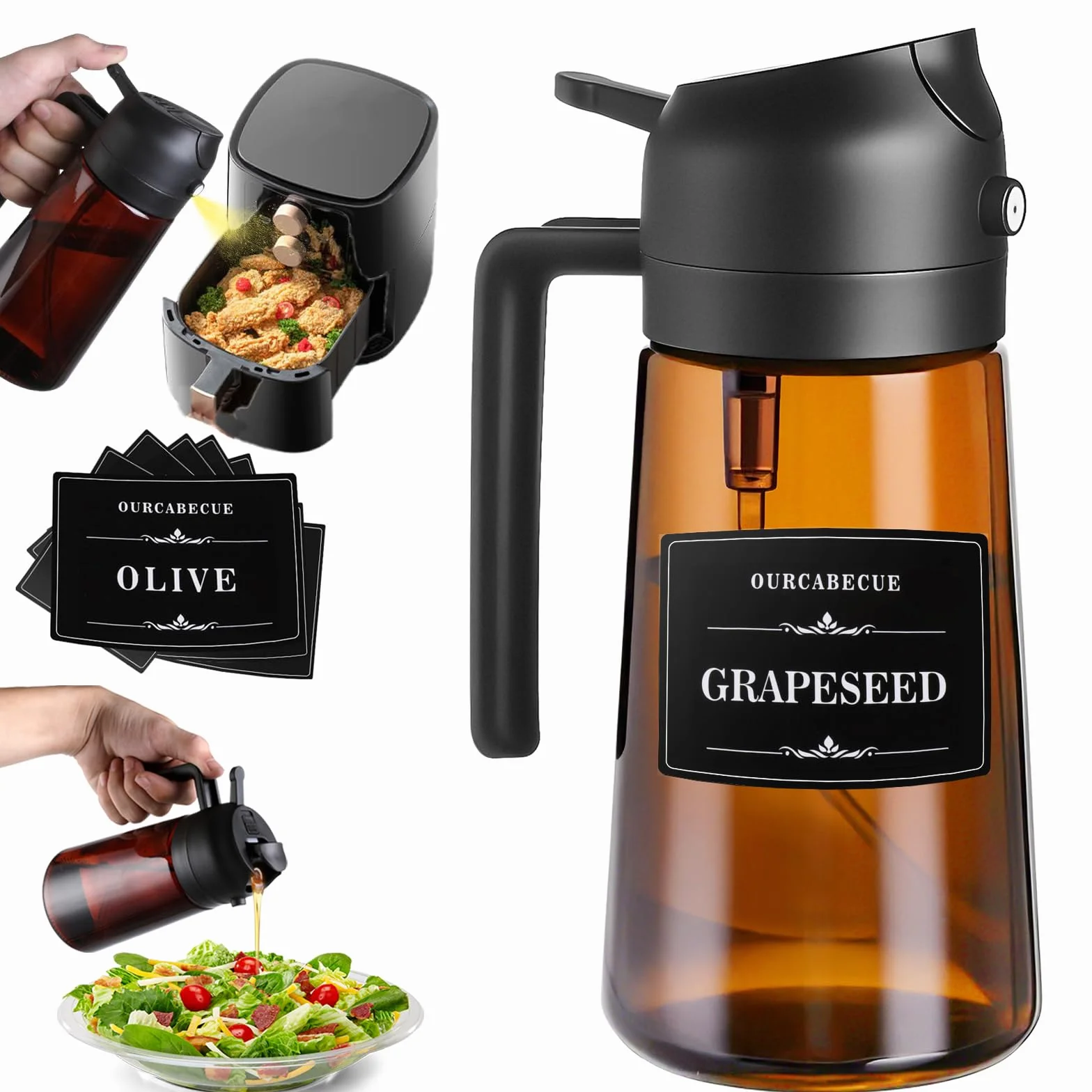 OURCABECUE Pulverizador de aceite para cocinar, botella dispensadora de aceite de oliva de vidrio de 16 onzas para utensilios de cocina, botella 2 en 1 de color marrón oscuro con calcomanías para