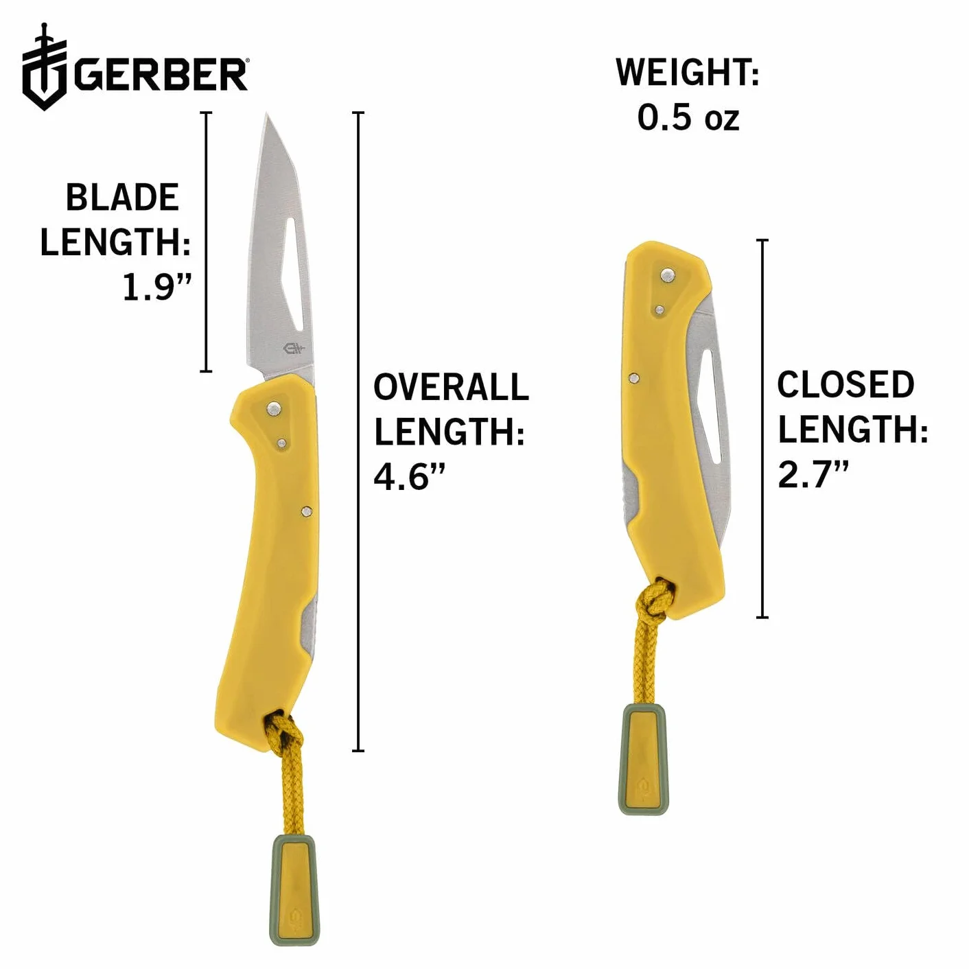 Gerber Navaja de bolsillo con cordón, LST Mini, hoja de acero inoxidable 440A Wharncliffe, escamas del mango de nylon reforzado con fibra de vidrio, longitud de la hoja: 4,8 cm, amarillo, 1074532
