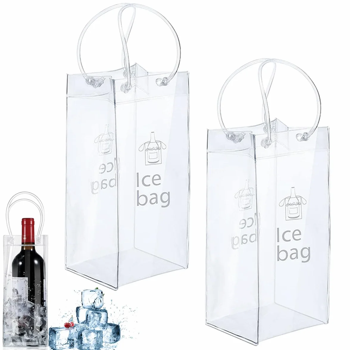 Bolsas Para Hielo PVC 2 Piezas Ice Bag Plegable Transparente para Vino Cerveza Bebidas