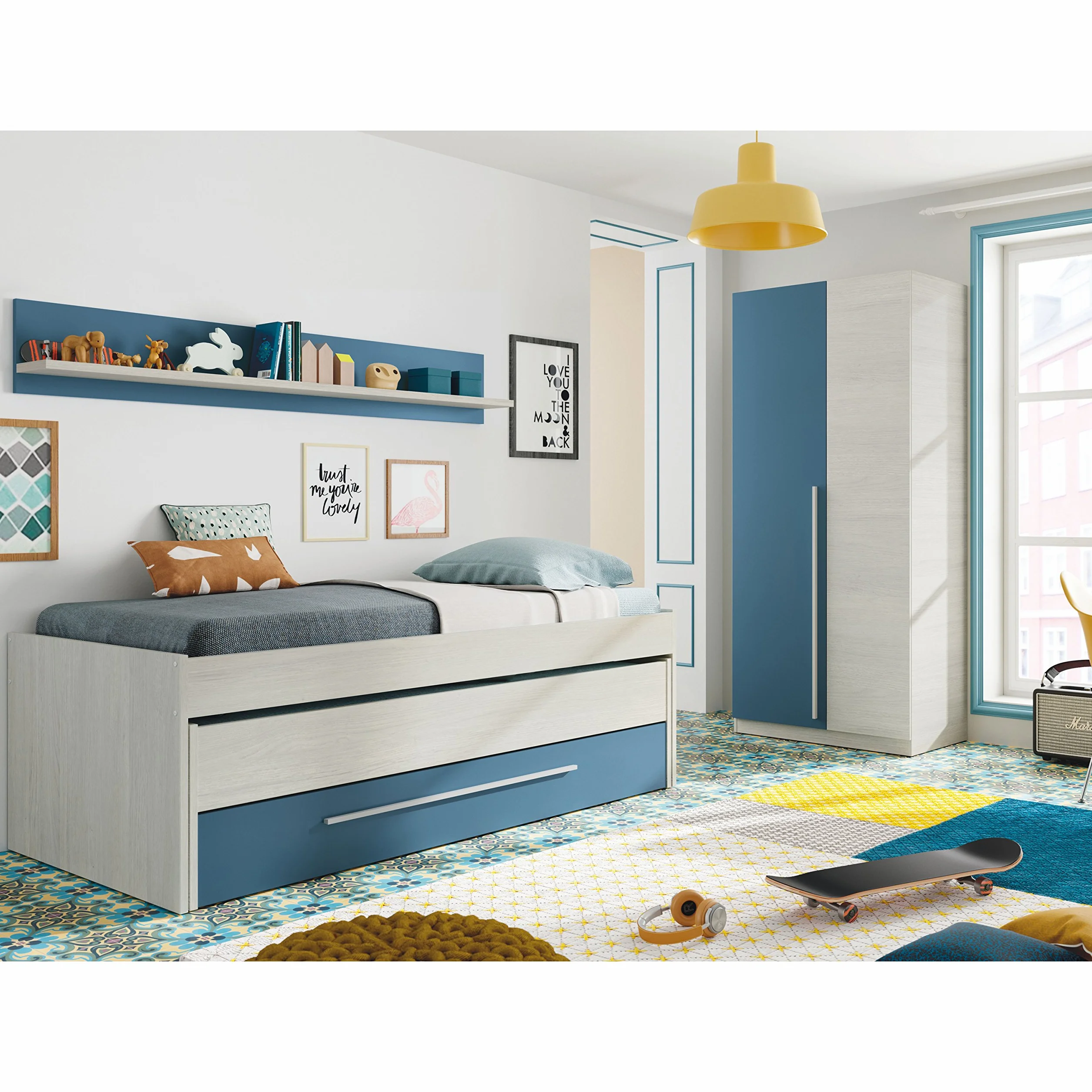 Habitdesign, Cama Nido juvenil, 2 Camas 1 Cajón y 1 Estante, Color blanco Alpes y Azul, Medidas 200 cm (largo) x 96 cm (Fondo) x 69 cm (Alto)