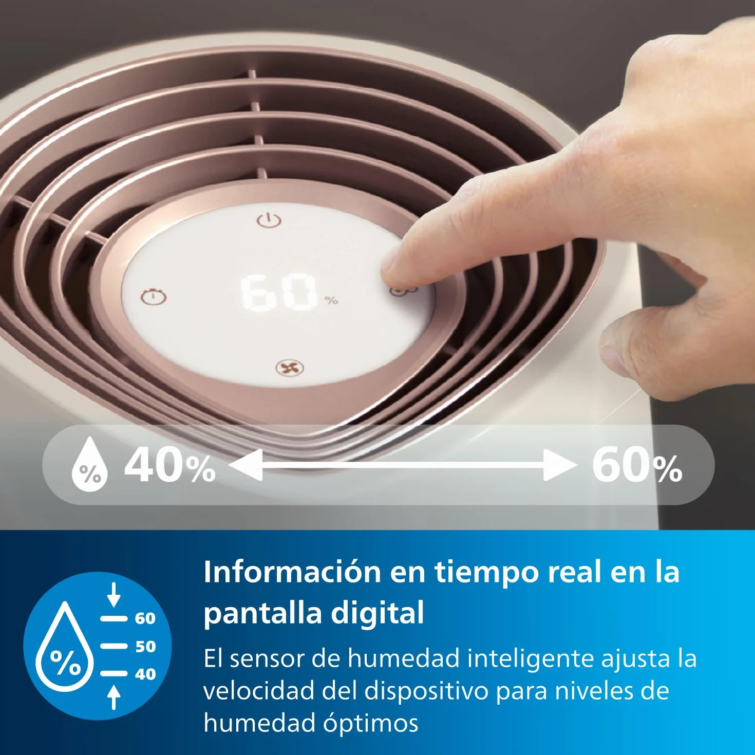 Philips Humidificador Serie 3000, 45 m², 99,97% menos bacterias (NanoCloud), 300 ml/h, 3 velocidades, Modo Sueño, Ultrasonido (33 dB), Sensor, Temporizador, Depósito 3L, Blanco (HU3916/10)