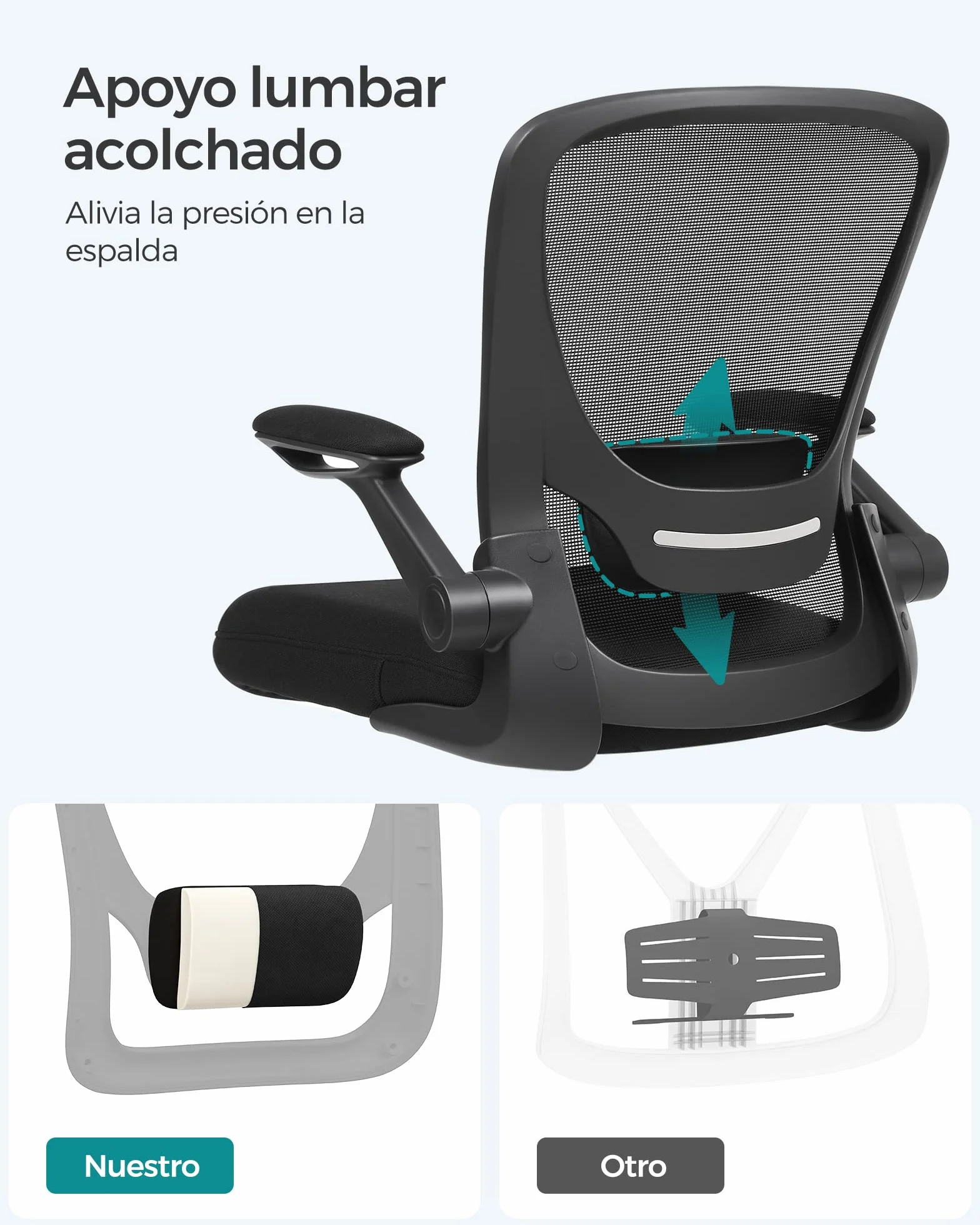 SONGMICS Silla de Oficina Ergonómica de Malla Giratoria con Soporte Lumbar, Asiento 53 cm, Apoyabrazos Abatibles, Negro