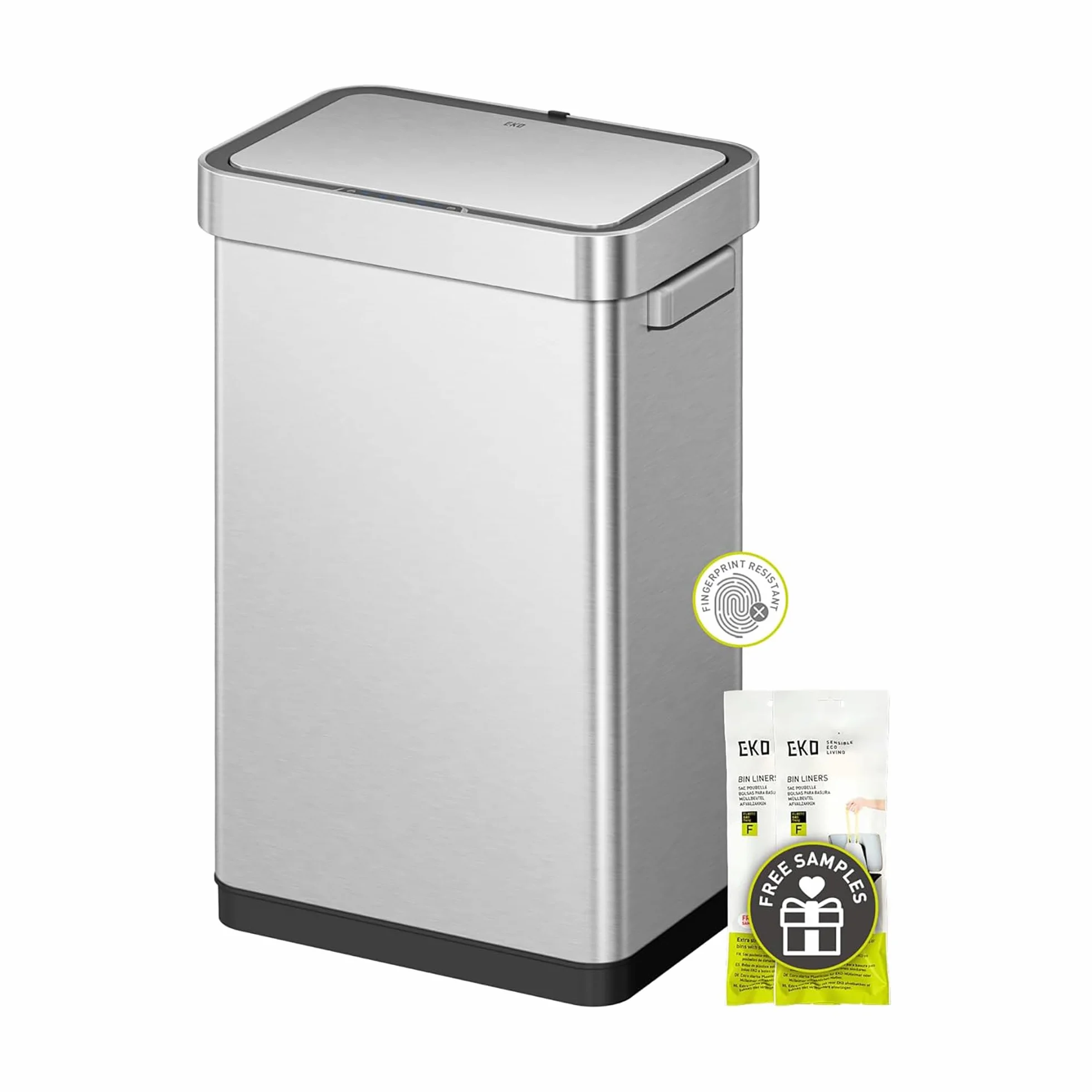 EKO Deluxe Mirage-T - Cubo de basura rectangular con sensor de movimiento sin contacto de 50 litros/13.2 galones, acabado de acero inoxidable mate