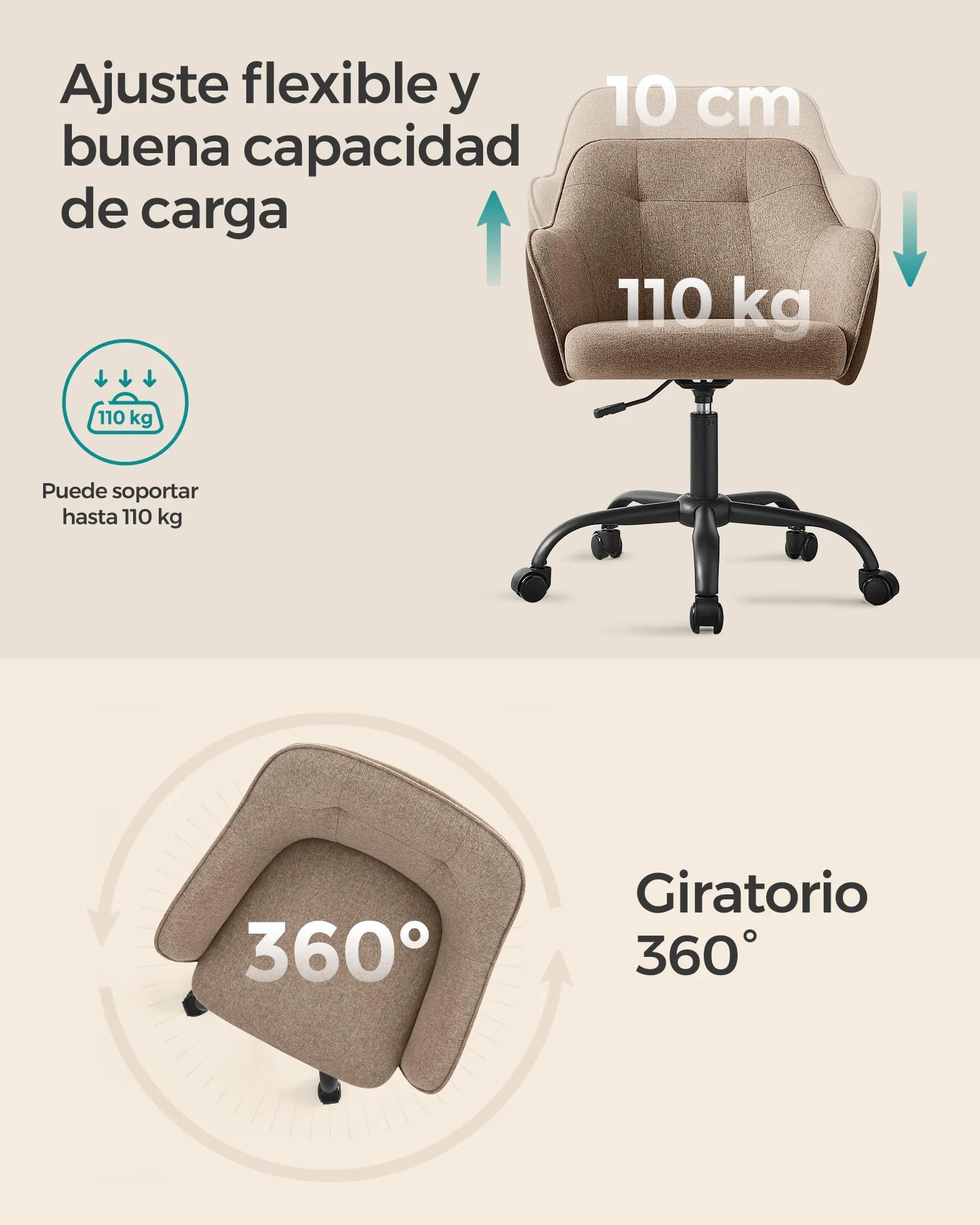 SONGMICS Silla de Estudio Giratoria Ajustable 110 kg Marco Acero Tela Algodón-Lino Transpirable Marrón