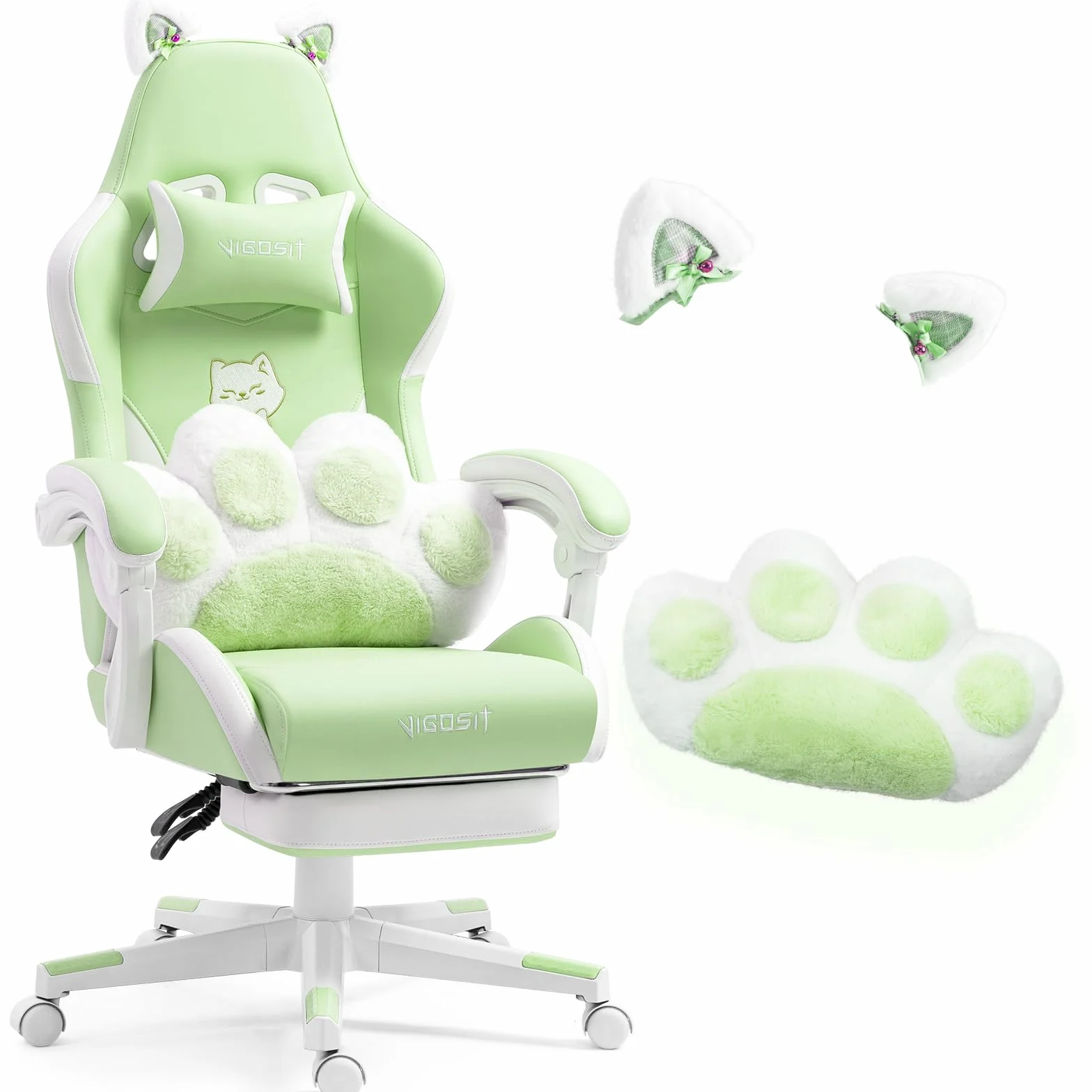Vigosit Silla de juegos linda con cojín lumbar de pata de gato y orejas de gato, silla de juegos ergonómica con reposapiés, sillón de PC ajustable para niñas, adolescentes, niños, verde