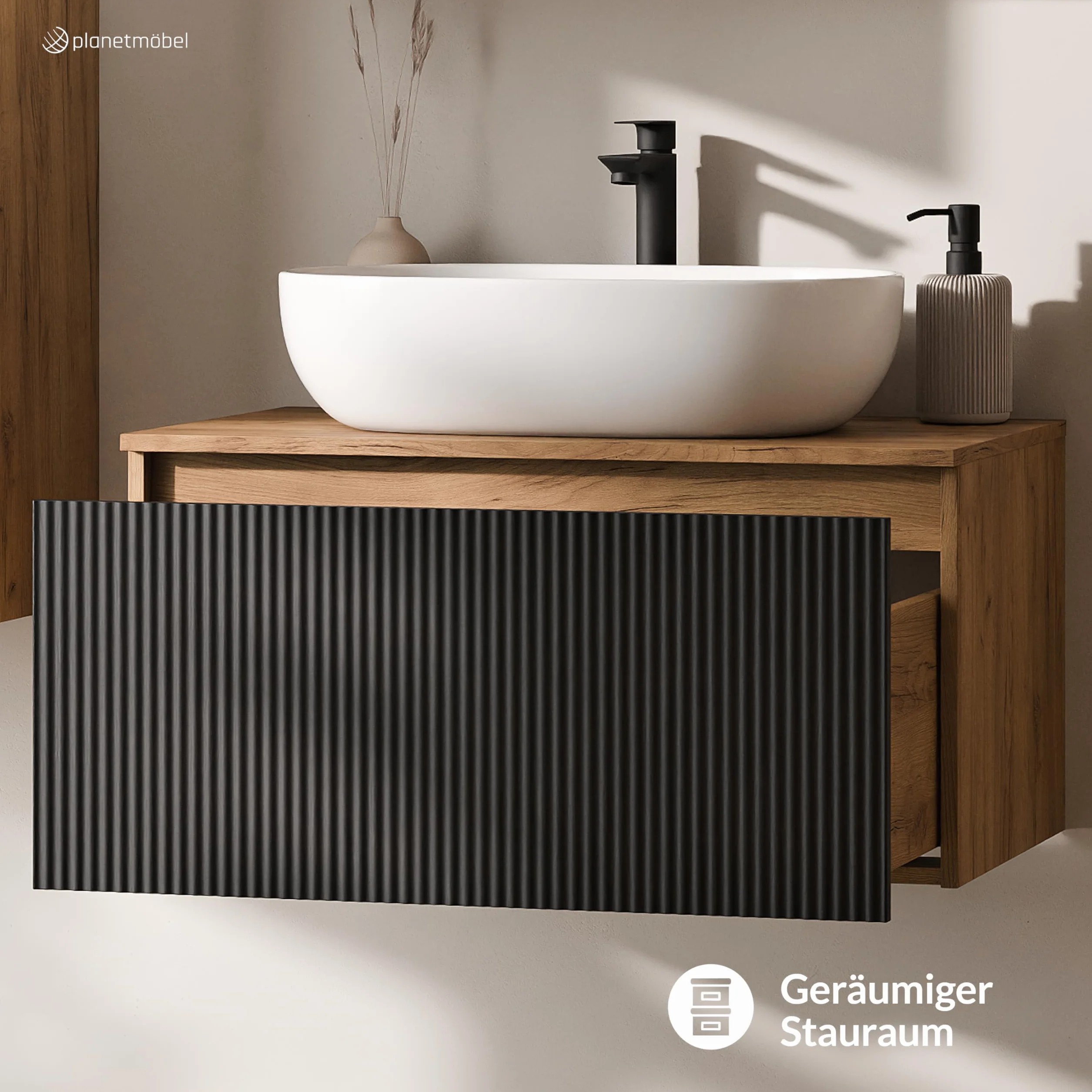 Planetmöbel Arisa Juego de muebles de baño con lavabo de 80 cm en roble dorado negro (estriado), lavabo de 60 cm en blanco, con sifón de ahorro de espacio
