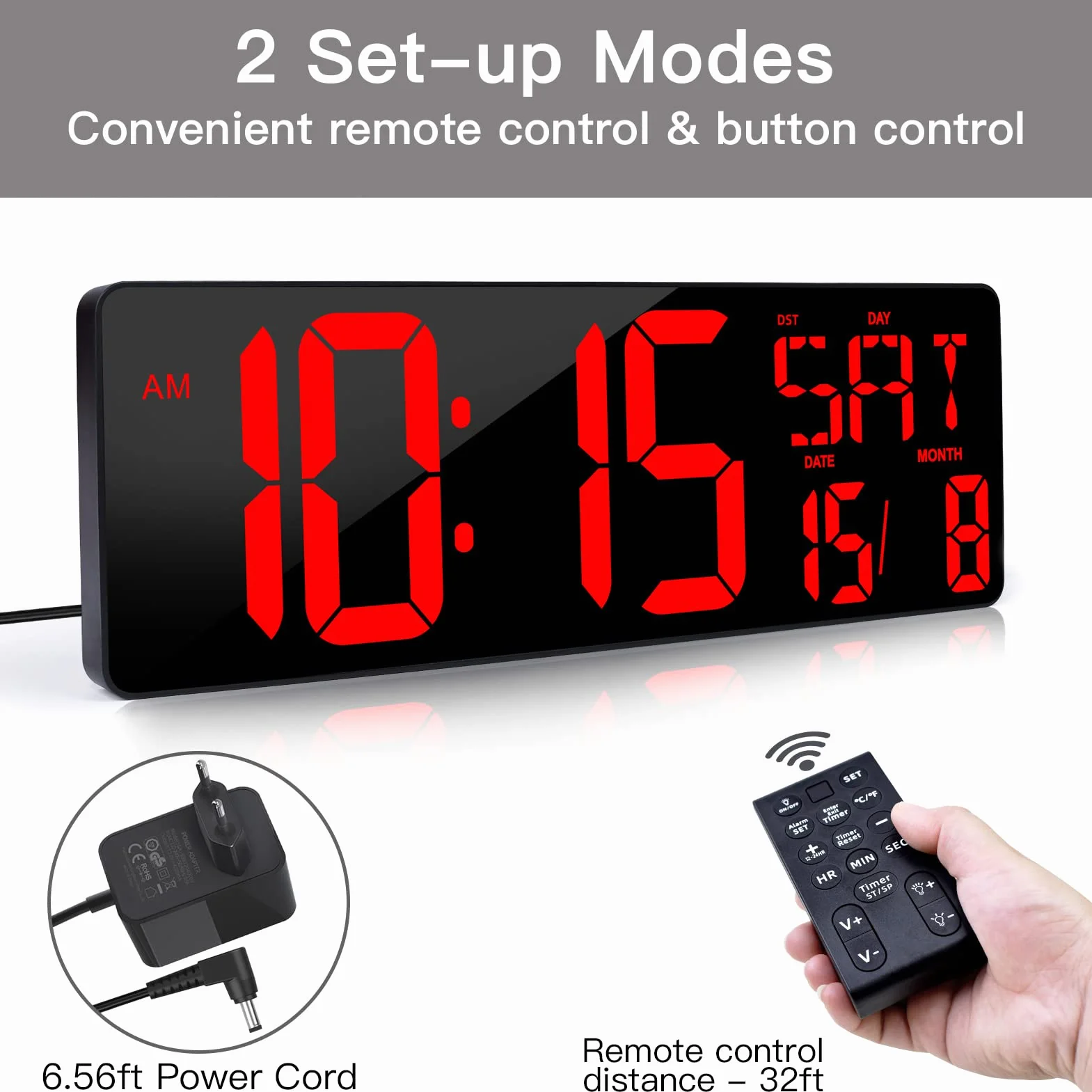 XREXS Reloj de Pared Digital con Control Remoto, 16,5'' Reloj Digital LED Pared Grande, Reloj Despertador Digital con Brillo Ajustable, Reloj Pared Digital con Hora/Fecha/Temperatura (Rojo)