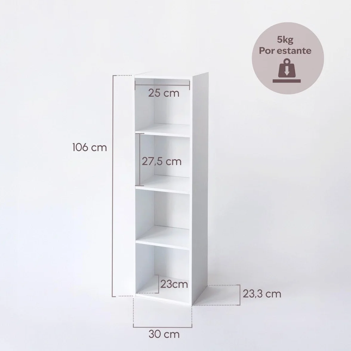 Estantería Librería Cubo 4 Estantes Tablero Laminado Blanco 106x30x24 Mueble Despacho Soporta 20 kg