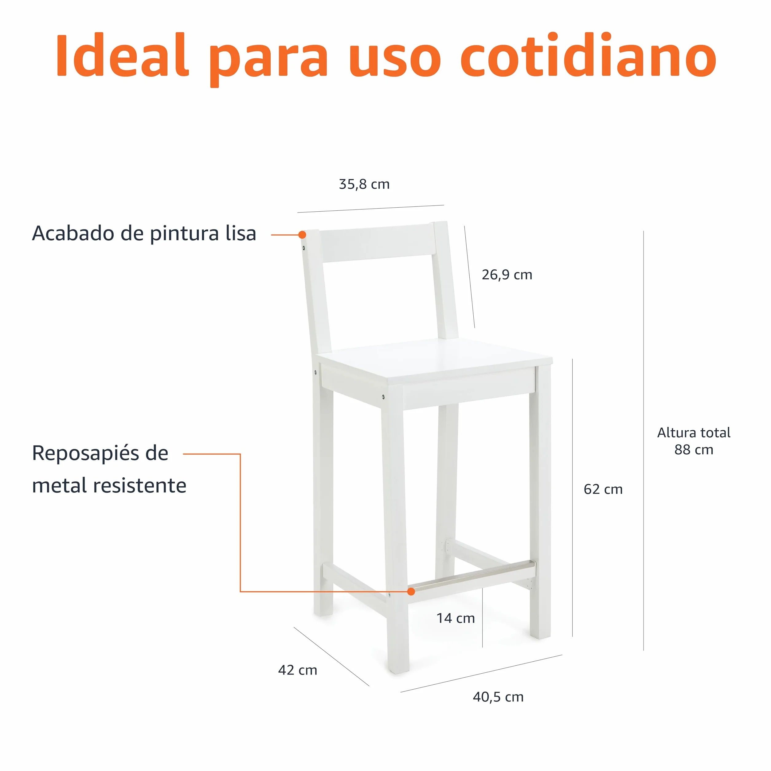 Amazon Basics Taburete de cocina de madera maciza blanca, 88 cm