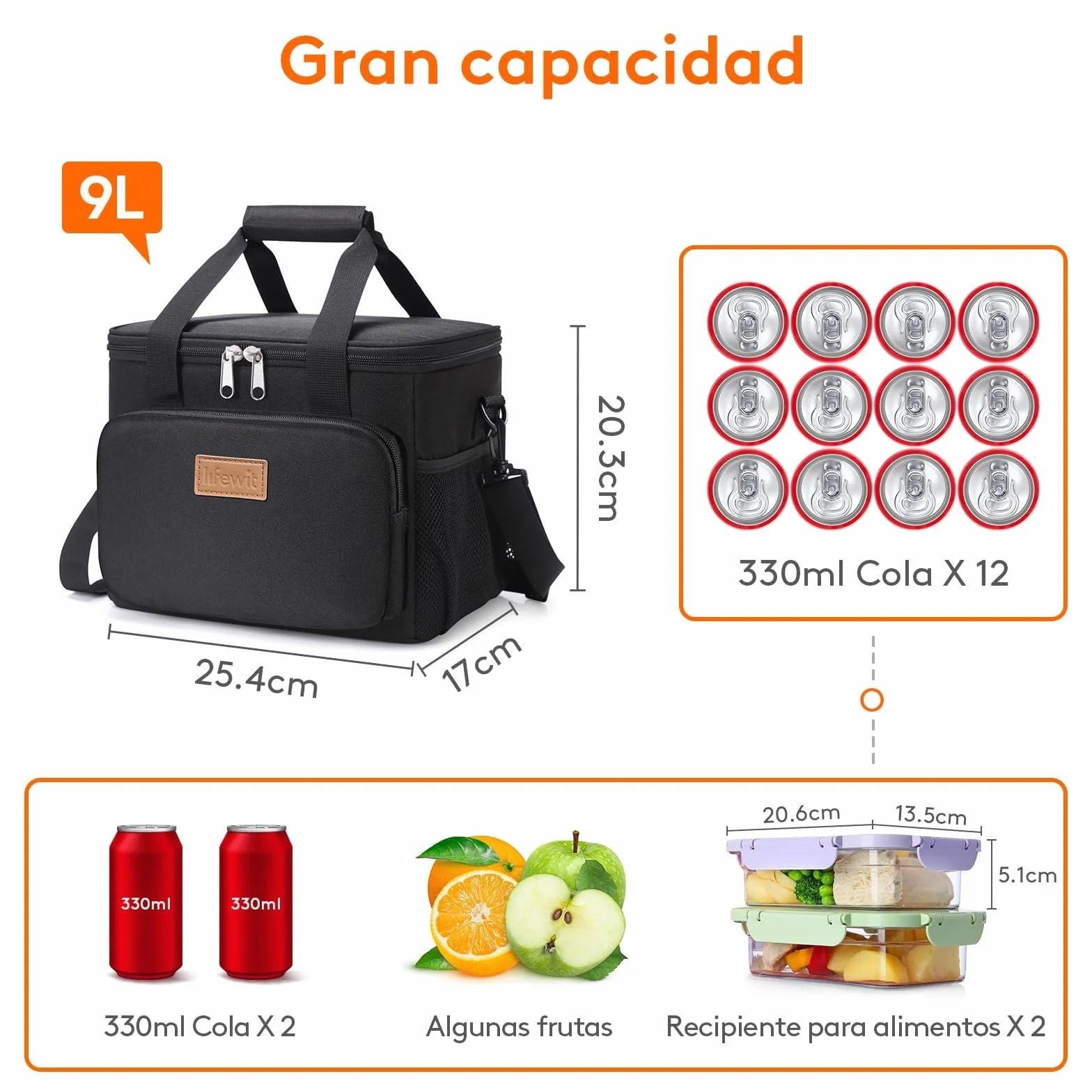 Lifewit Bolsa Termica Porta Alimentos 9L 12 Latas, Bolso Comida Trabajo Hombre Mujer, Lunch Bag Lonchera, Negro