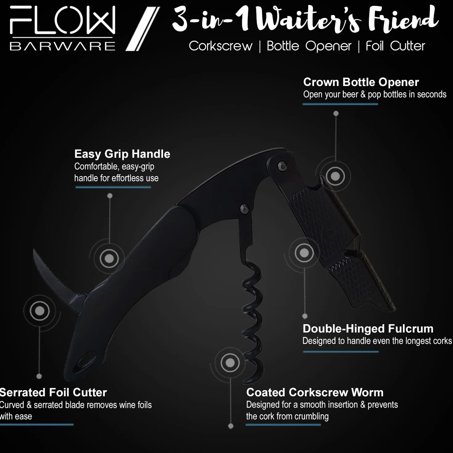 FLOW Barware Sacacorchos 3 en 1, Abrebotellas y Cortador de Aluminio, Abridor de Vino Multiusos, Negro