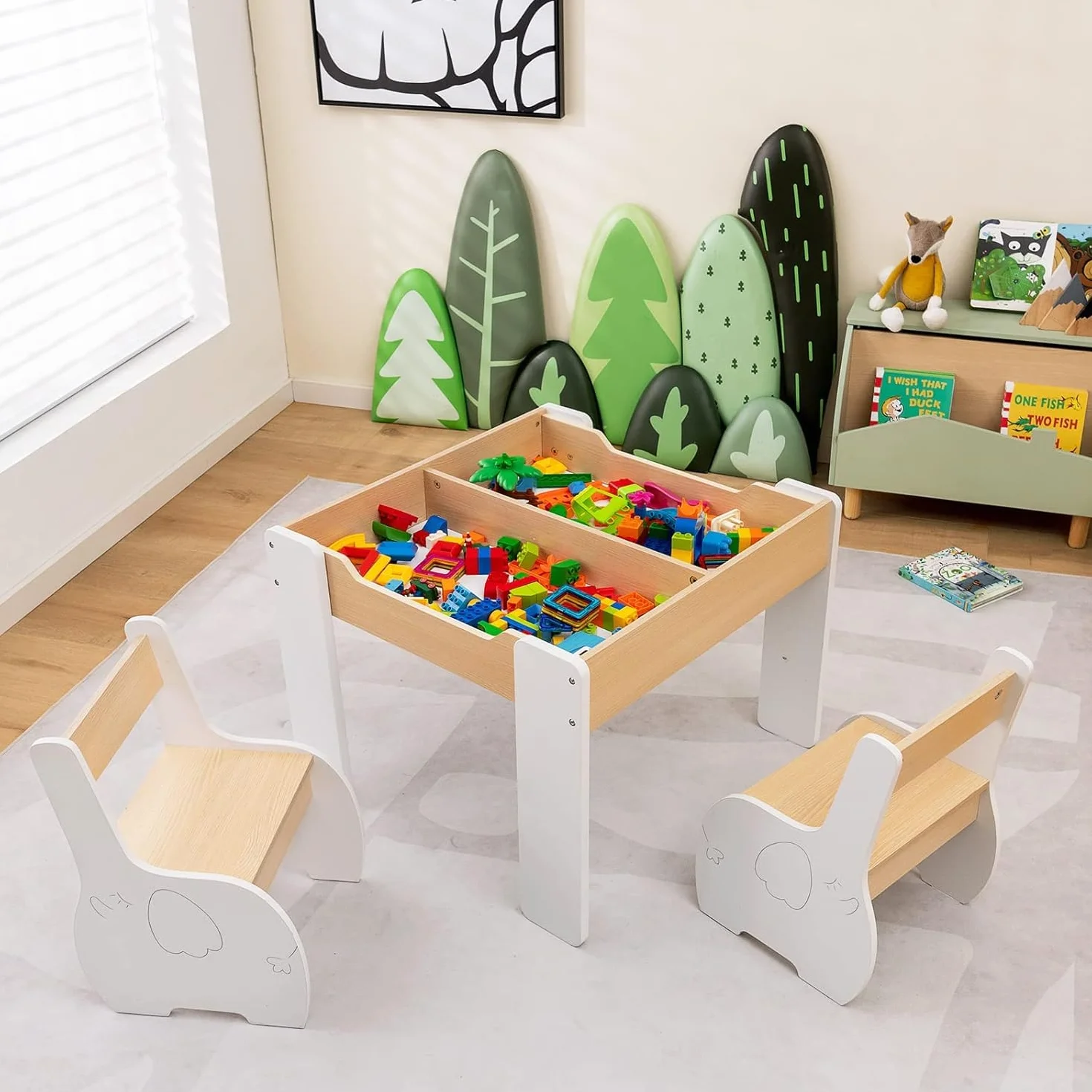 RELAX4LIFE 4 en 1 Juego de Mesa y 2 Sillas Infantil con Pizarra, Pizarra Blanca y Espacio Almacenamiento, Mesa Reversible con Tablero Extraíble para Dibujar, Pupitres para Niños 3-6 Años (Blanco)