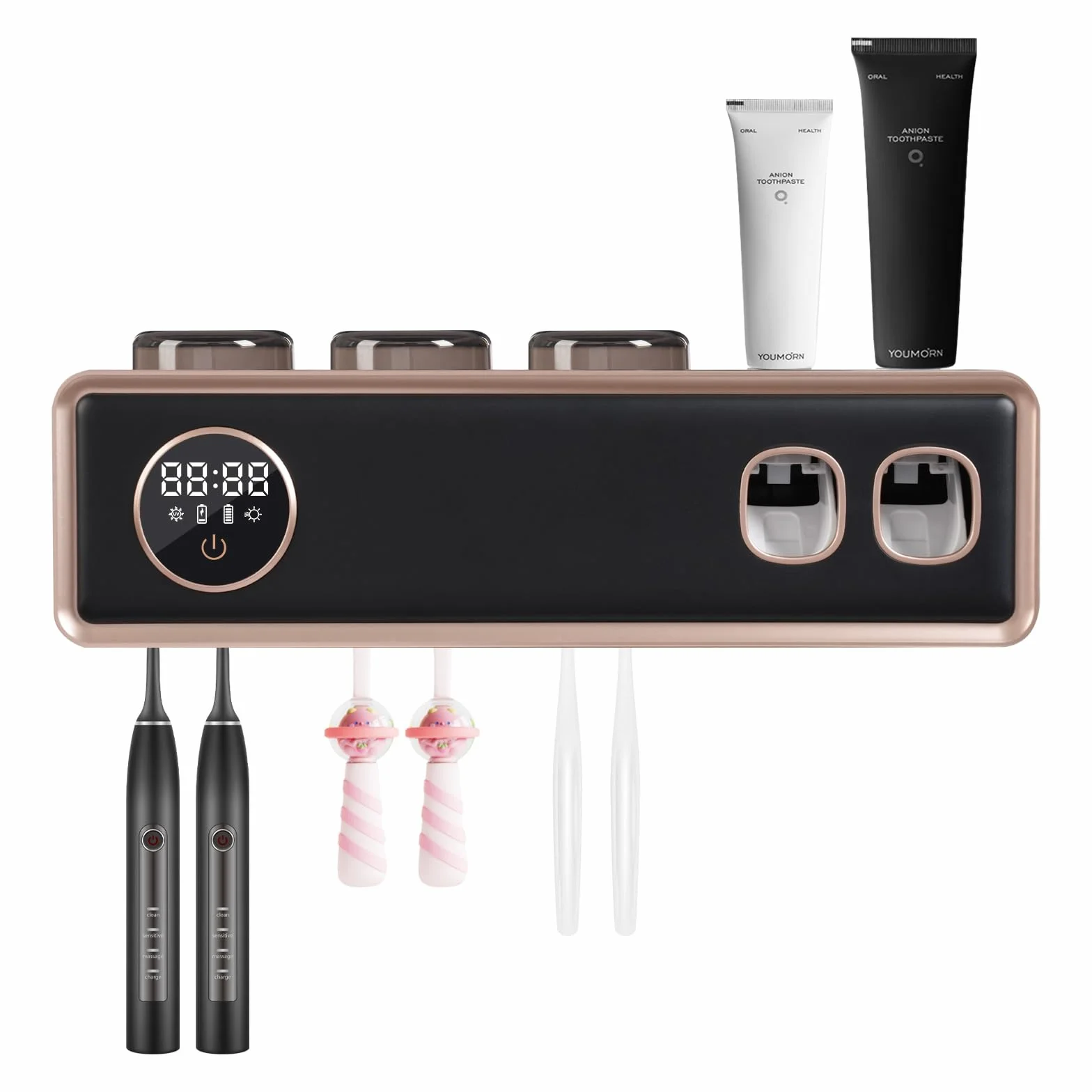 Dispensador de pasta de dientes automática UV para cepillos de dientes de pared con pantalla LED USB, batería para cepillo de dientes eléctrico para cocina, cuarto de baño, hotel (negro)