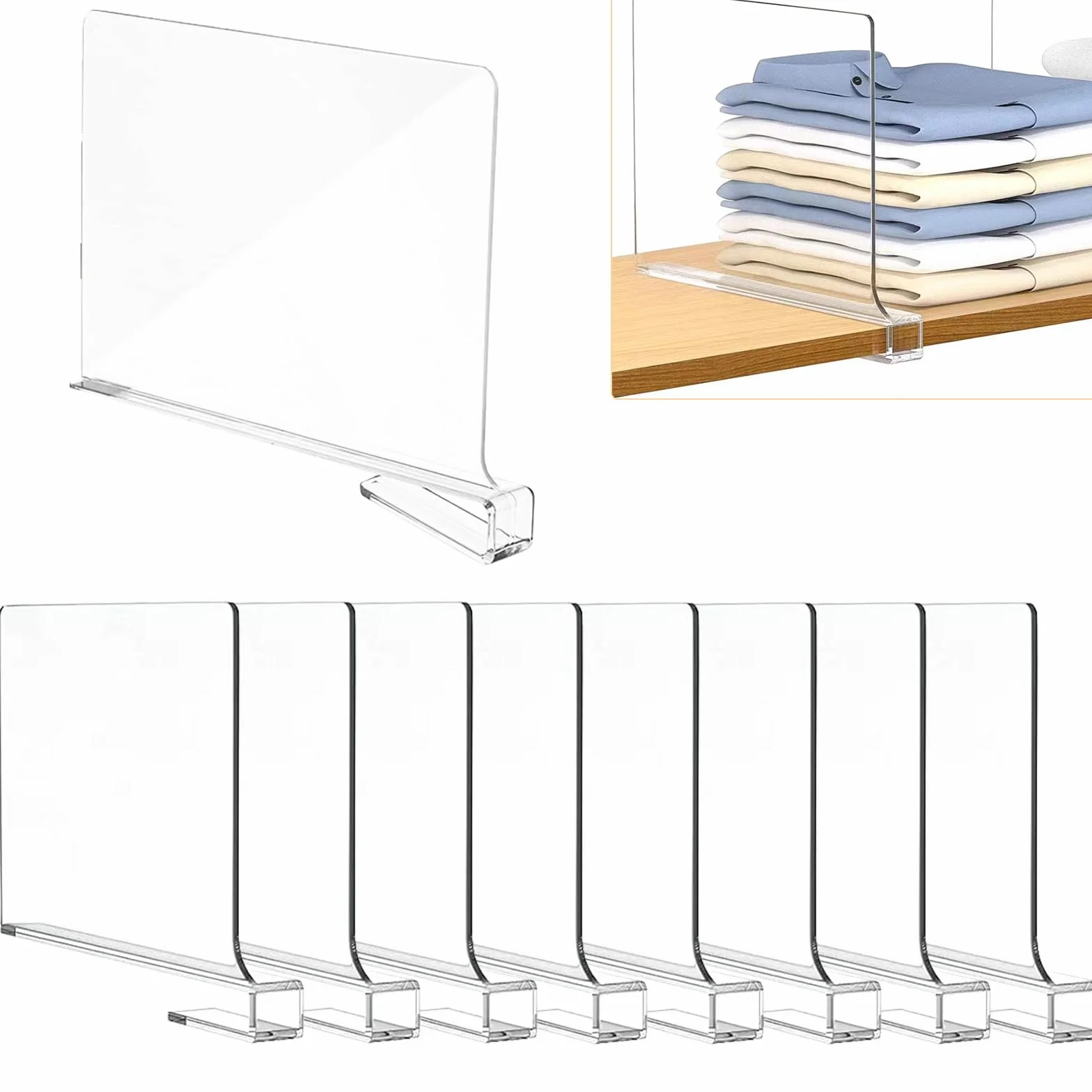 8 Piezas Separadores de Bolsos para Armarios, 30 x 20 cm Baldas Armario Interior, Acrílico Transparente Separador Estanteria,para Dormitorio, Cocina, Armarios y Organización