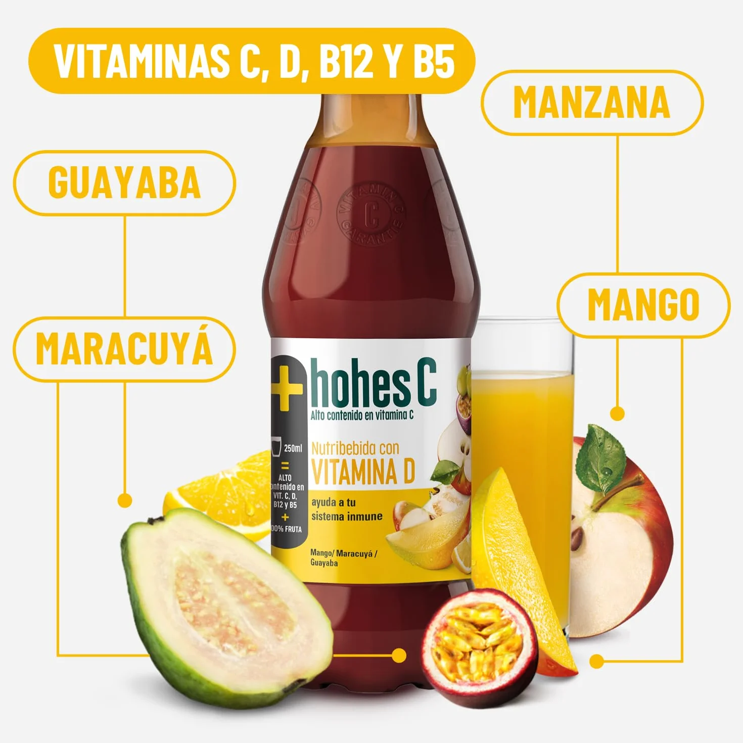 hohes C Plus Zumo con Vitamina C y D Fortalece los huesos 100% natural 1L