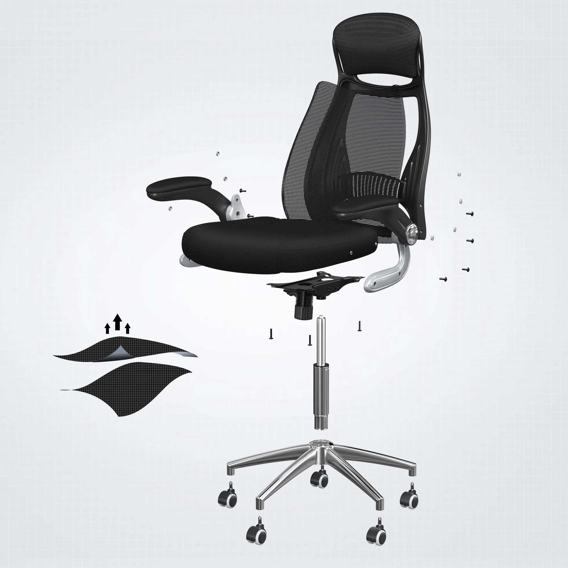 SONGMICS OBN86BK Silla Giratoria de Oficina de Malla con Reposacabezas, Mecanismo Sincronizado y Altura Ajustable, Negro
