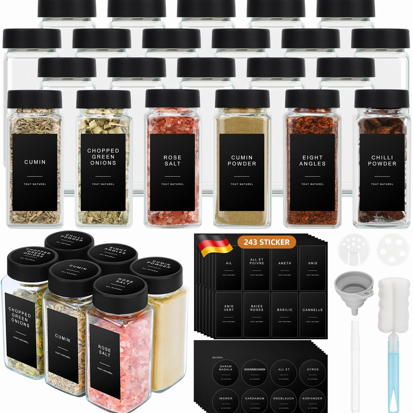 Tarros para Especias Cuadrados de Cristal - Set 24 Piezas de 120ml - con Embudo, Tamiz, Cepillo de Limpieza, Etiquetas y Bolígrafo