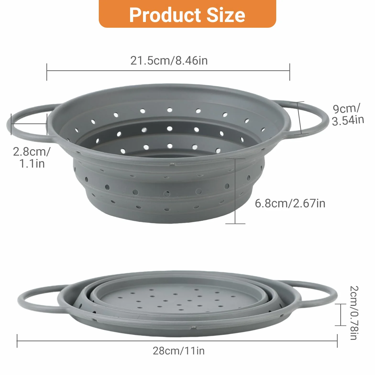 Escurridor de Cocina en Silicona Plegable 28x22.5cm, Resistente al Calor, Sin BPA para Pasta y Verduras