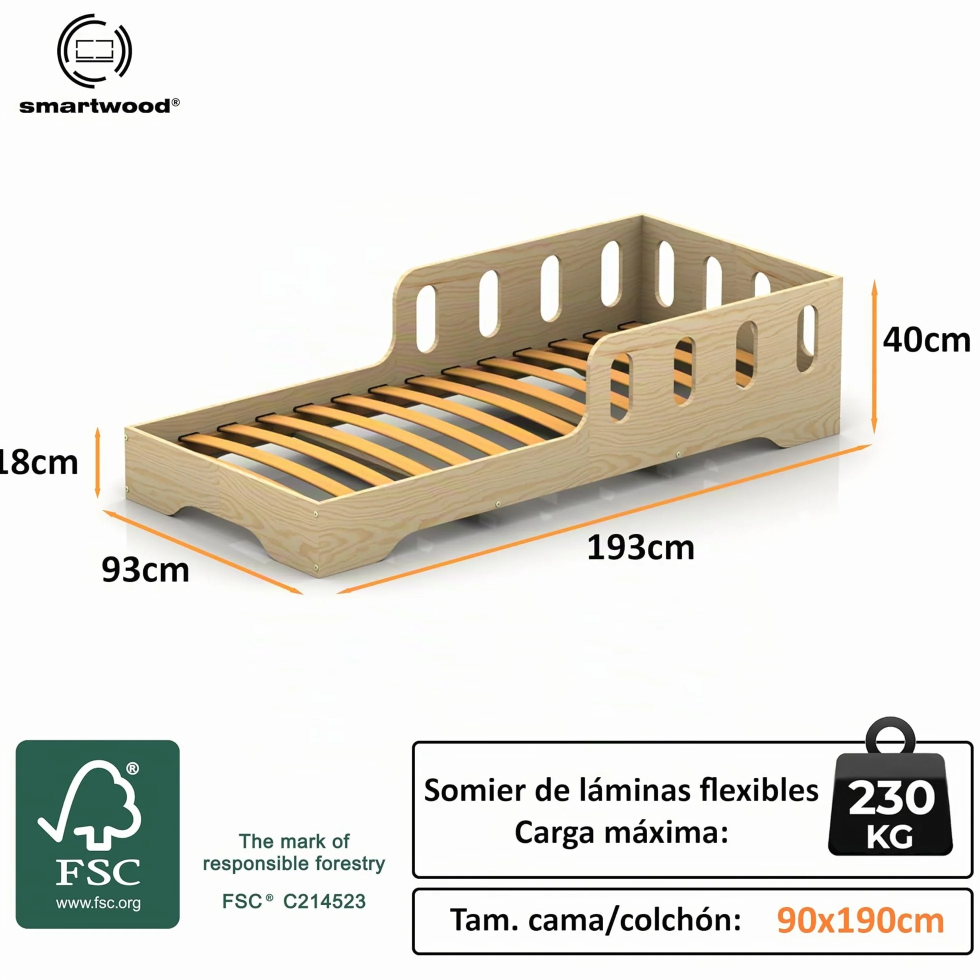 smartwood Cama Montessori 90x190 cm Madera - Cama Infantil de Madera con Certificado FSC, con Barrera Anticaídas y Somier Flexible para 230 kg - para Niño y Niña - Montaje Sencillo - TILA 6