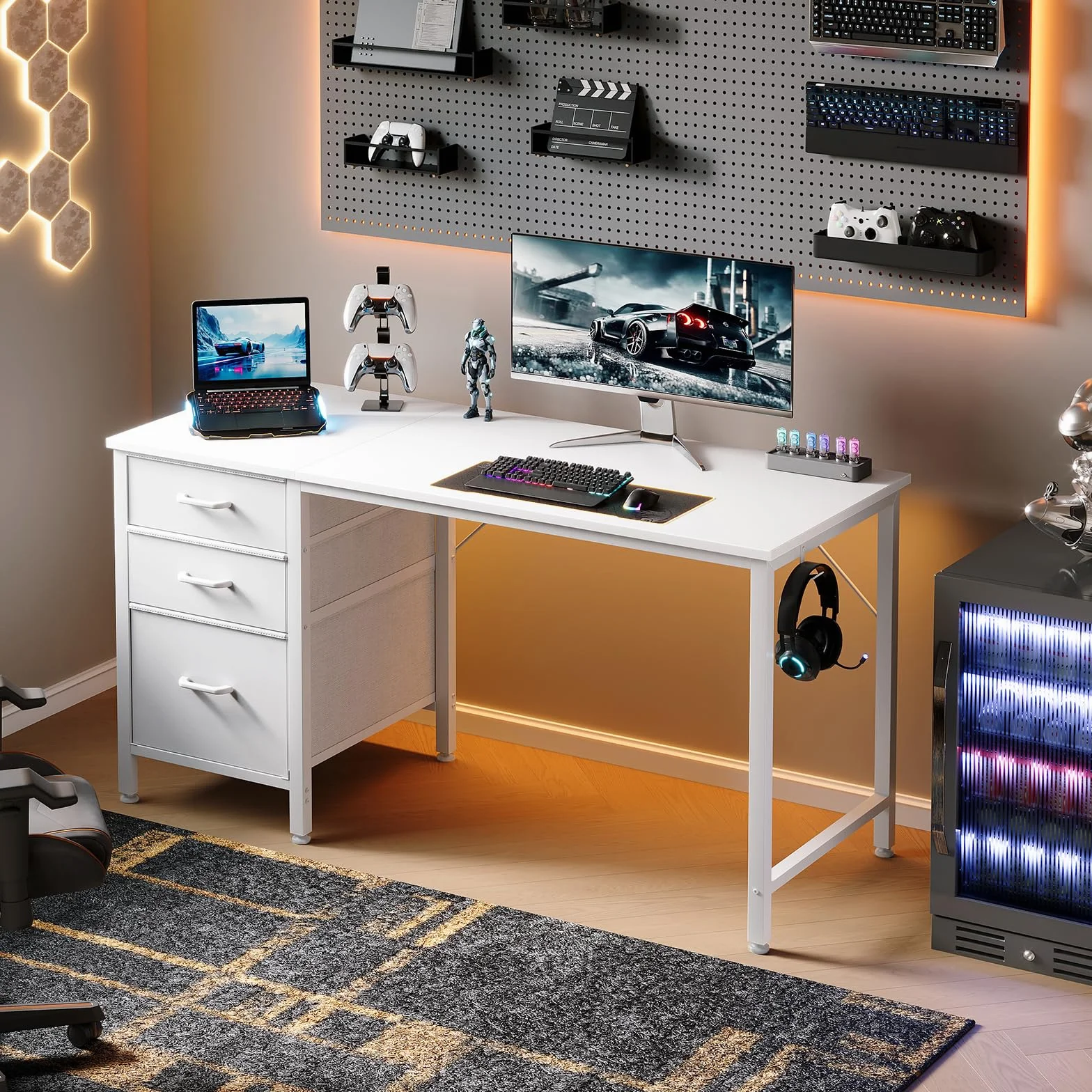 Coleshome Escritorio con 3 Cajones de Tela, 120x48cm, Soporte para Auriculares, Blanco, Reversible para Oficina en Casa
