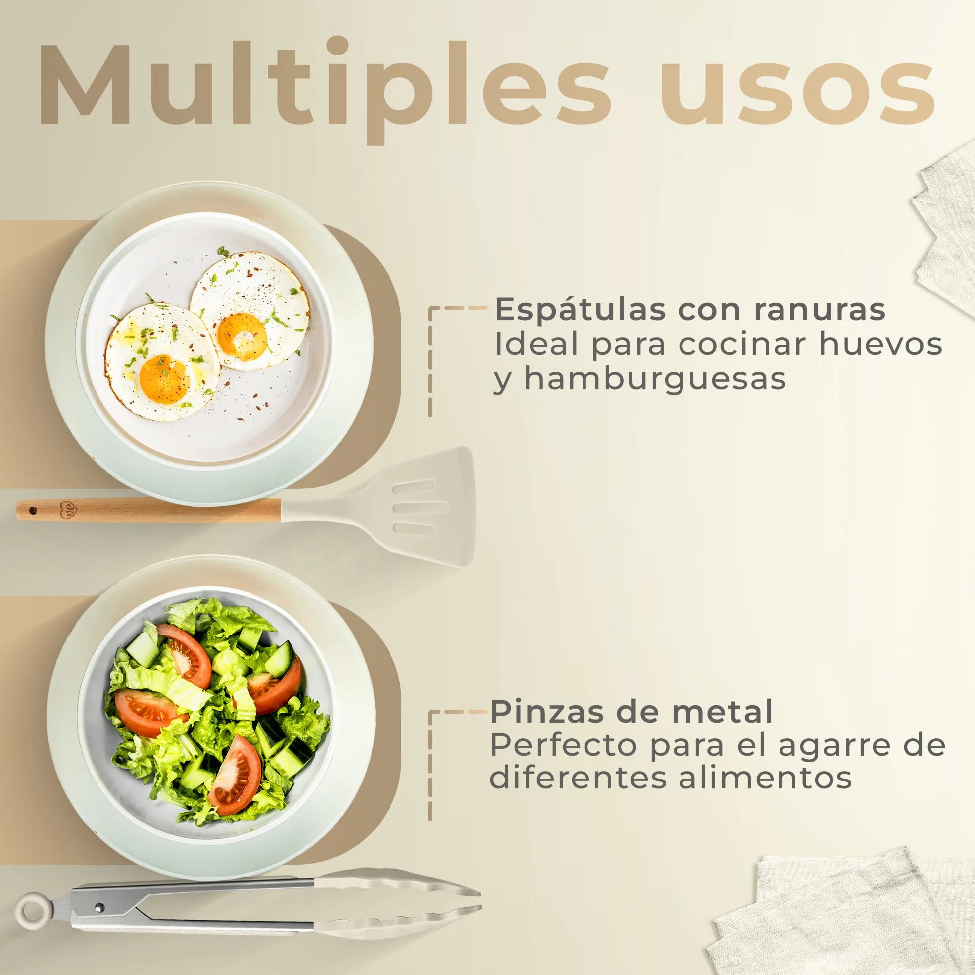 Juego de Utensilios de Cocina de Silicona 12 Piezas con Mangos de Madera y Soporte Organizador Beige