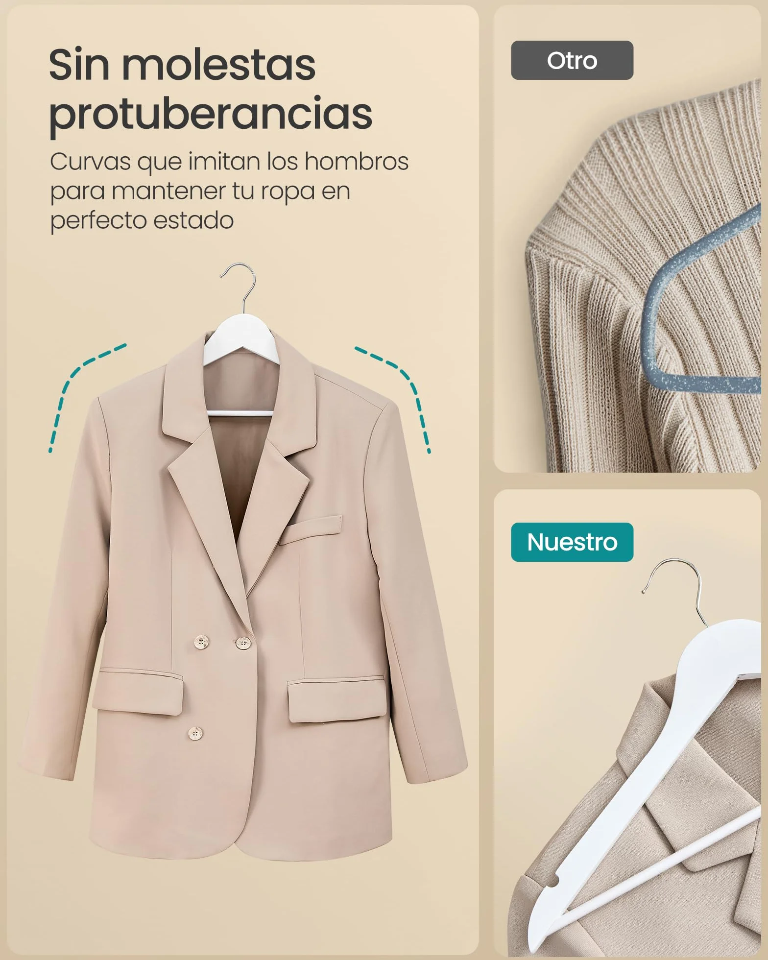 SONGMICS Percha de Madera Juego 20 Delgada Gancho Giratorio 360° Blanco Nube