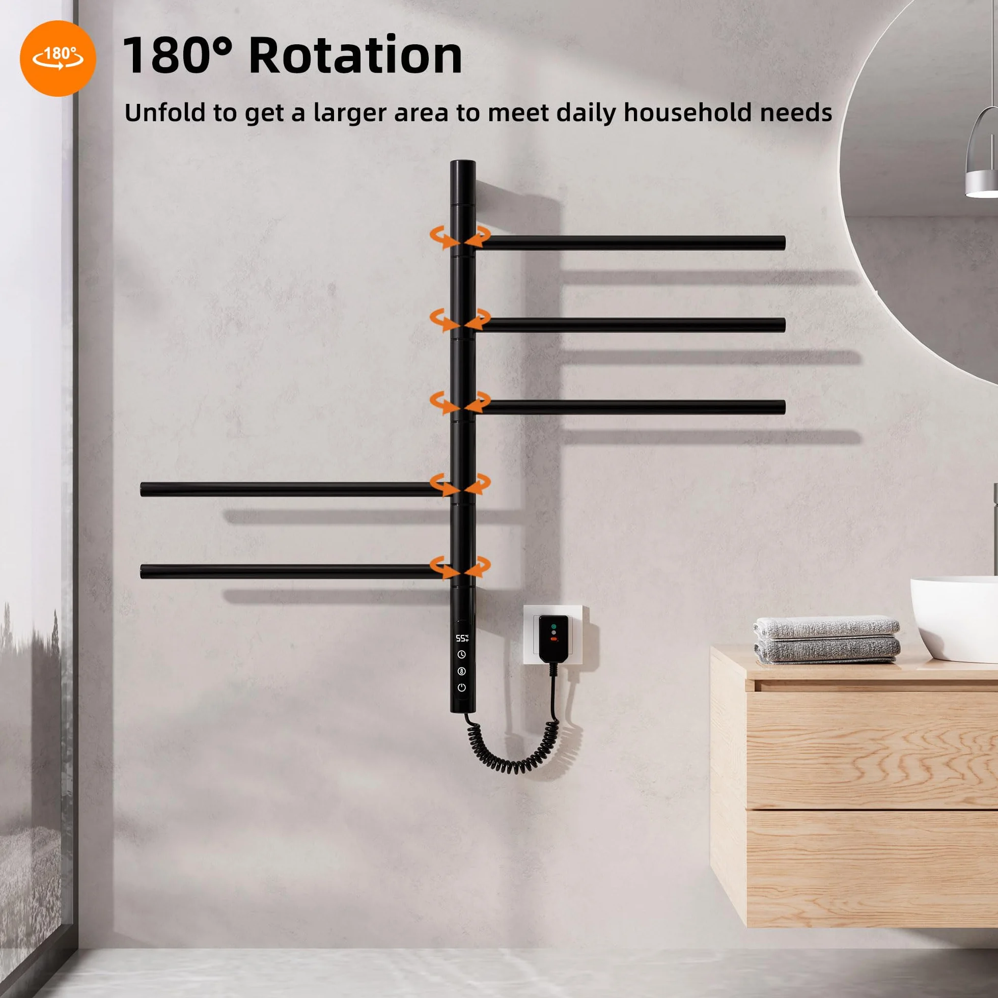 Radiador Toallero Eléctrico para Baño, Rotación de 180° Secatoallas eléctrico, 415 x 680mm, 85W, WiFi Negro Toallero Electrico Baño, Calentador Toallas, Secatoallas, Ahorro de energía-G63 WiFi Black