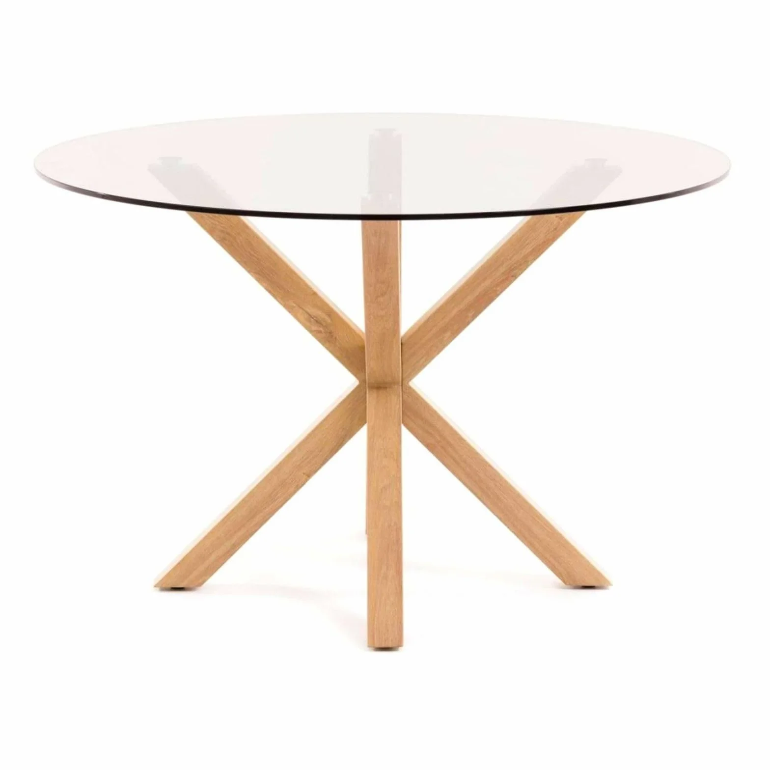 Mesa Redonda de Comedor de Cristal - Patas Metálicas Acabado Efecto Madera