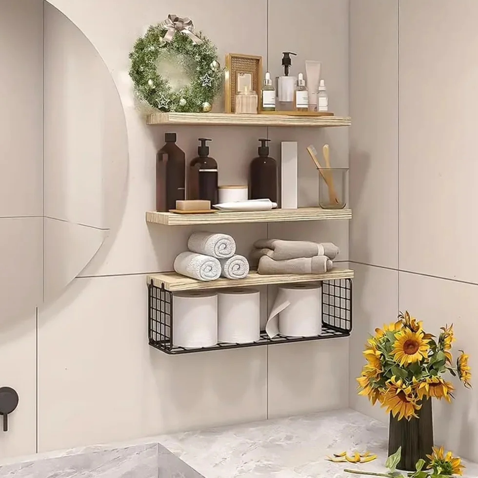 ZVZM Estanteria Pared Baño Cocina, 3+1 Baldas Pared, Estante con Cesta Alambre