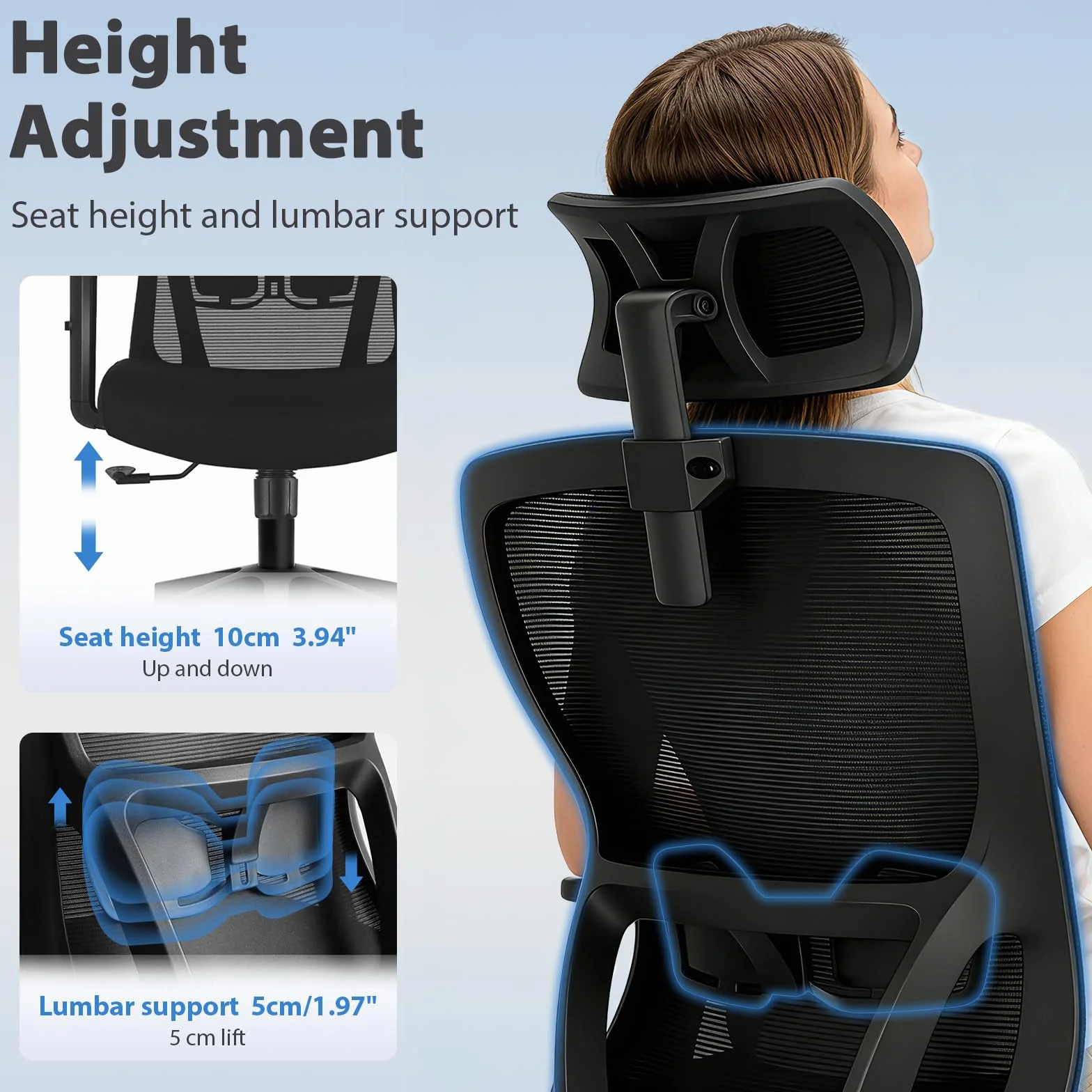 Durrafy Silla Oficina Ergonómica,Silla Escritorio con reposacabezas Ajustable,Reposabrazos, Soporte Lumbar, Altura Regulable y oscilación de 120°, Silla de Oficina Capacidad de Peso 150kg