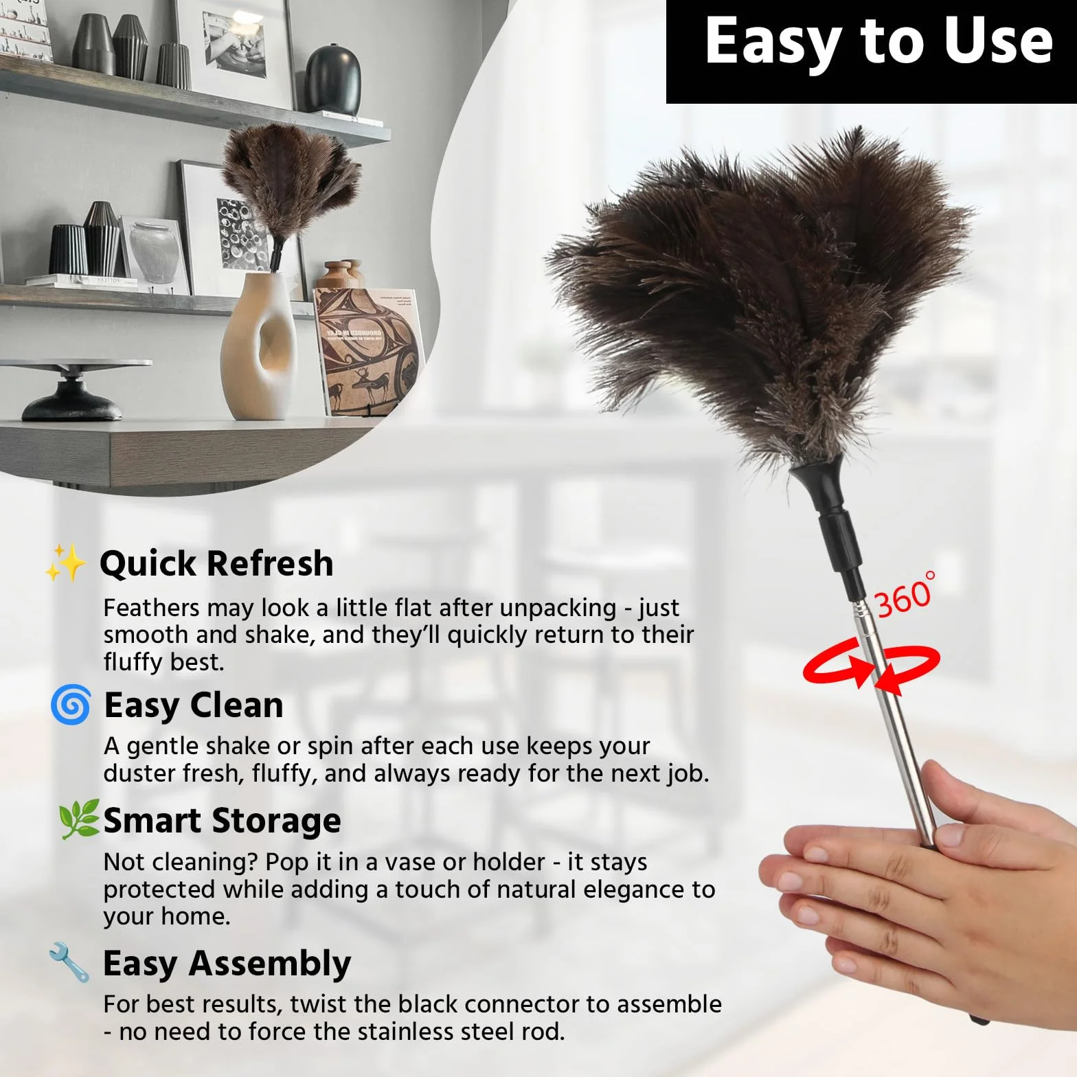 Plumero Atrapapolvo de Plumas de Avestruz - 18-120cm Plumero Telescopico Extensible, Plumeros Avestruz Lavable y Antiestático para Polvo, Telas de Araña, Techos, Muebles, Ventiladores, Coche