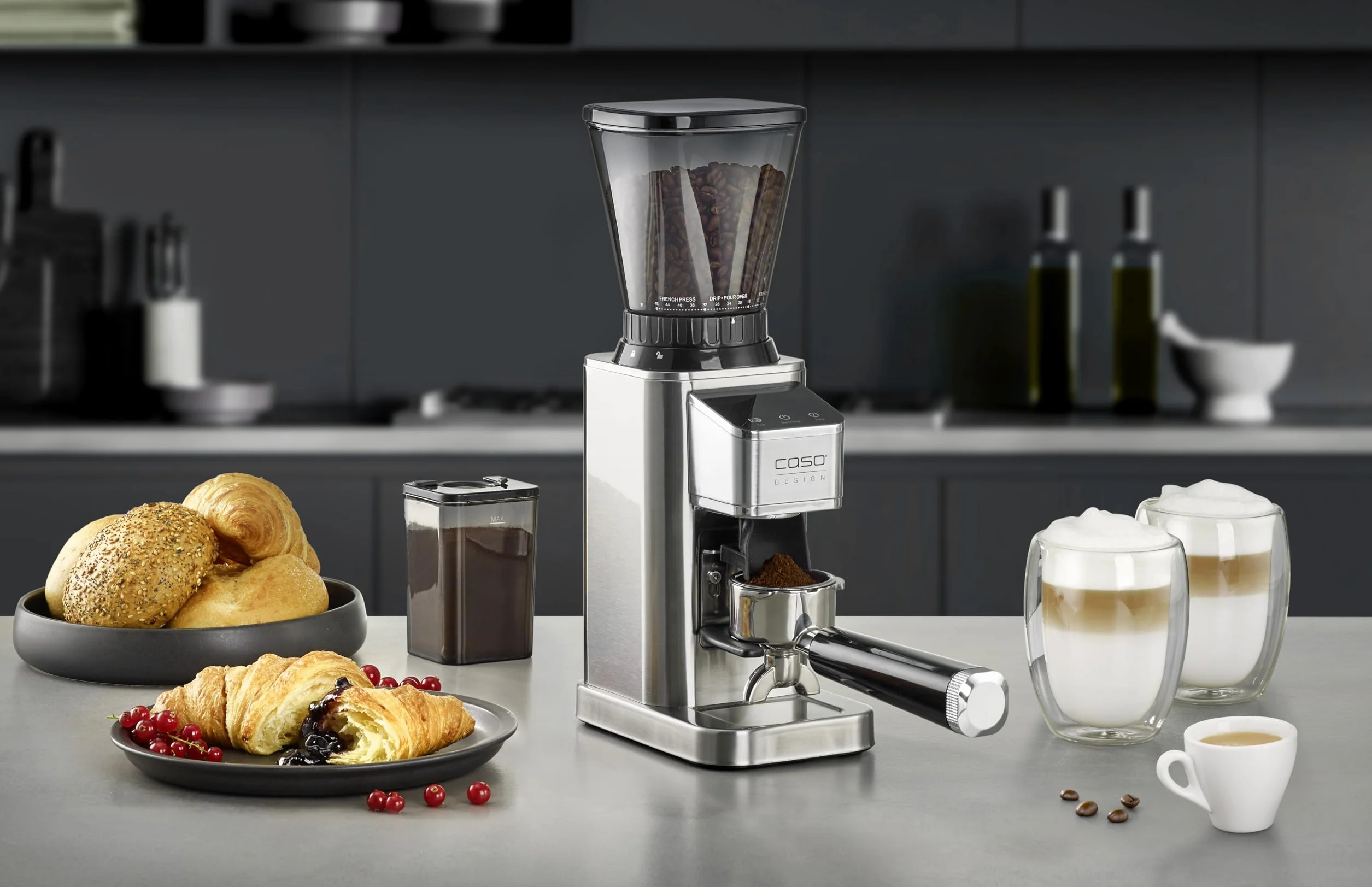 CASO BaristaChef Inox - Molinillo de café eléctrico con muelas cónicas, pantalla táctil, temporizador digital y sobresaliente, capacidad de 250g, 48 niveles de molienda precisos - acero inoxidable