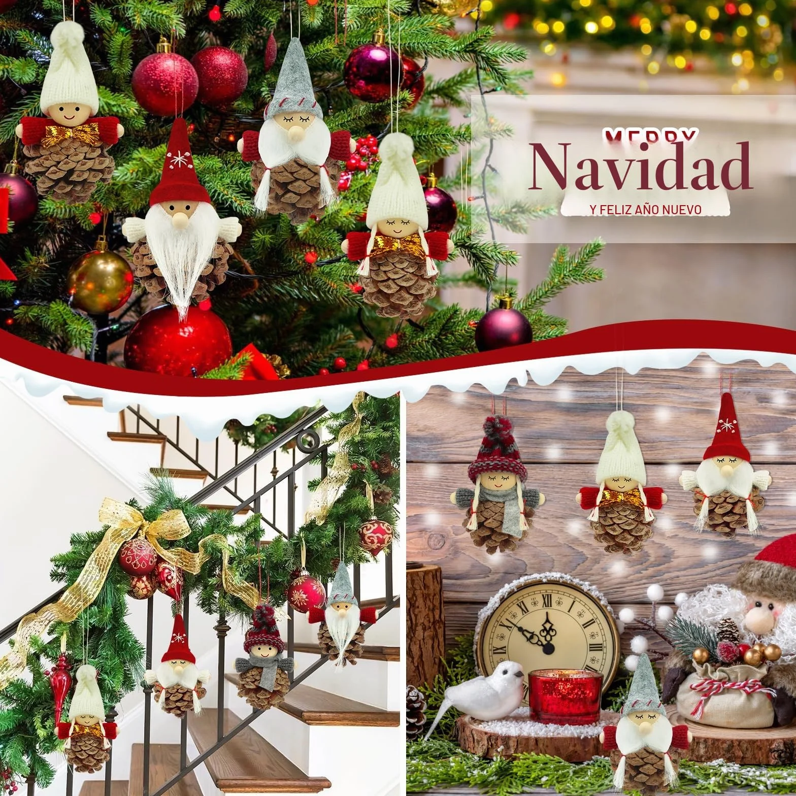 Gnomo Adornos de Navidad, Duendes Colgante Decoracion Árbol Navidad 8 Piezas Piñas Muñecos