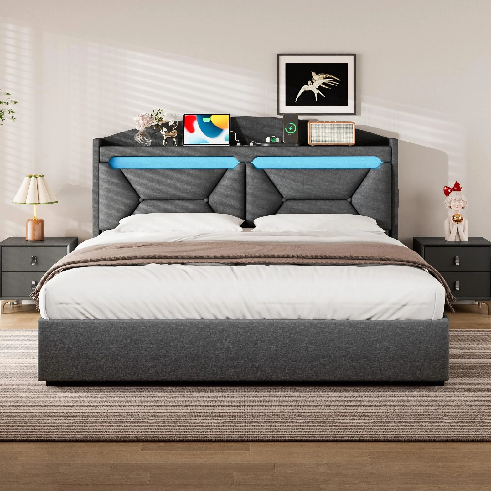 Cama Matrimonio 160x200 con Almacenamiento, Camas Matrimoniales con LED, Puertos USB y Type-C, Canape 160x200 Hidráulico, Cama Matrimonio con Cabecero, Lino, Gris, Colchón No Incluido