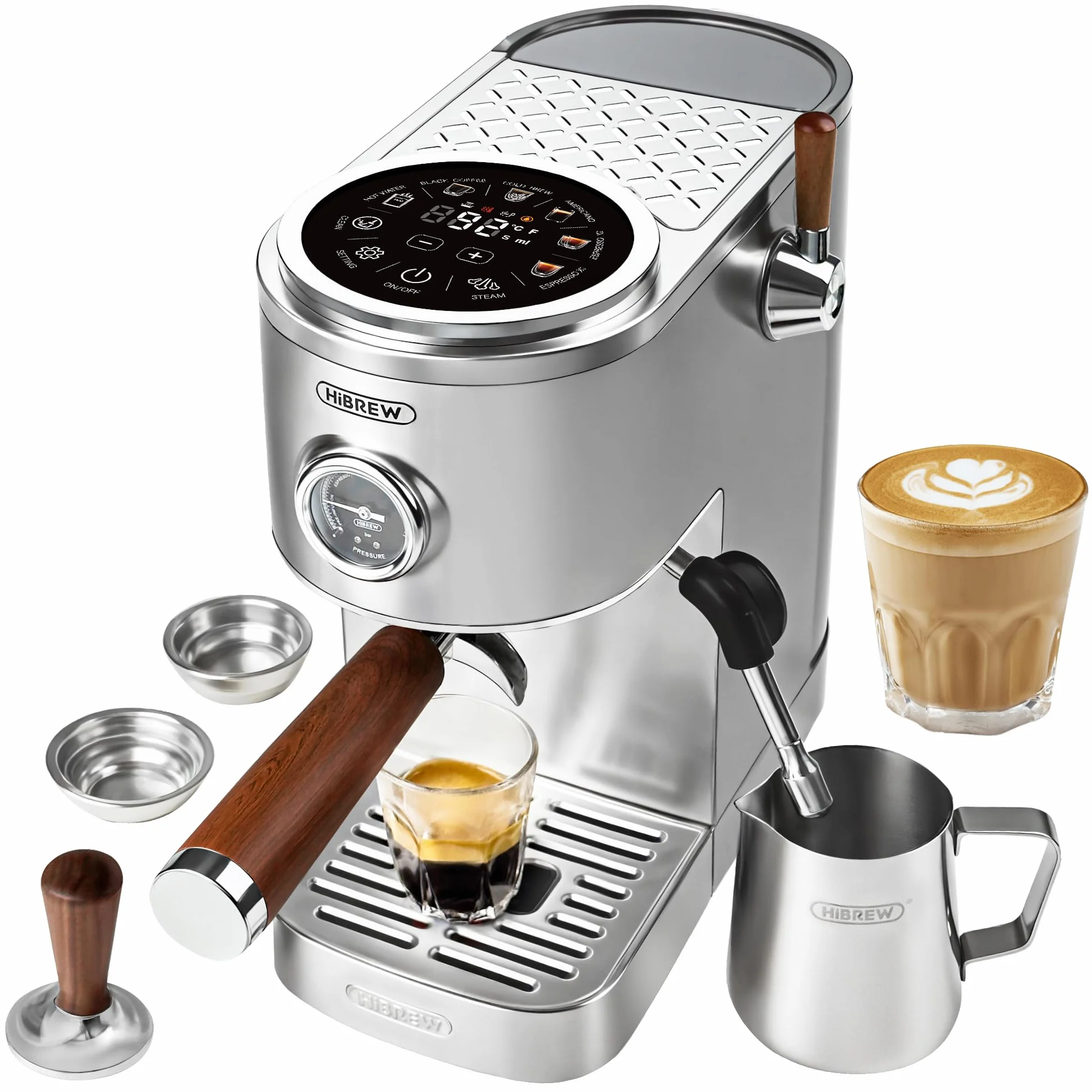 HIBREW H13 – Cafetera espresso con pantalla LED – 58 mm portafiltro de acero inoxidable – Cafetera espresso compacta con Steam Milk Forther y pulverización separada de agua caliente