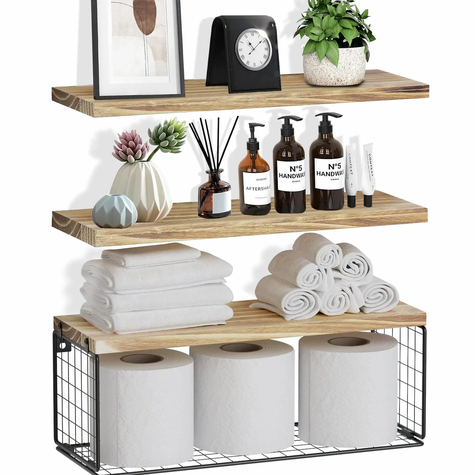 ZVZM Estanteria Pared Baño Cocina, 3+1 Baldas Pared, Estante con Cesta Alambre
