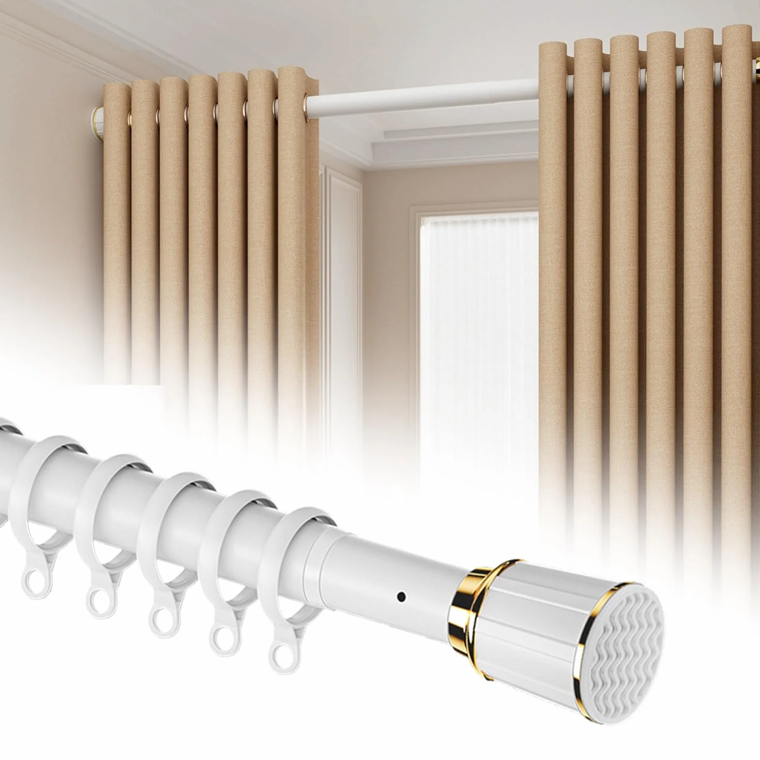 Barra de cortina de ducha ajustable sin taladrar de 15 a 192 pulgadas, acero inoxidable, fácil instalación, barra de baño, perfecta para armarios (blanco, 122-157 pulgadas)