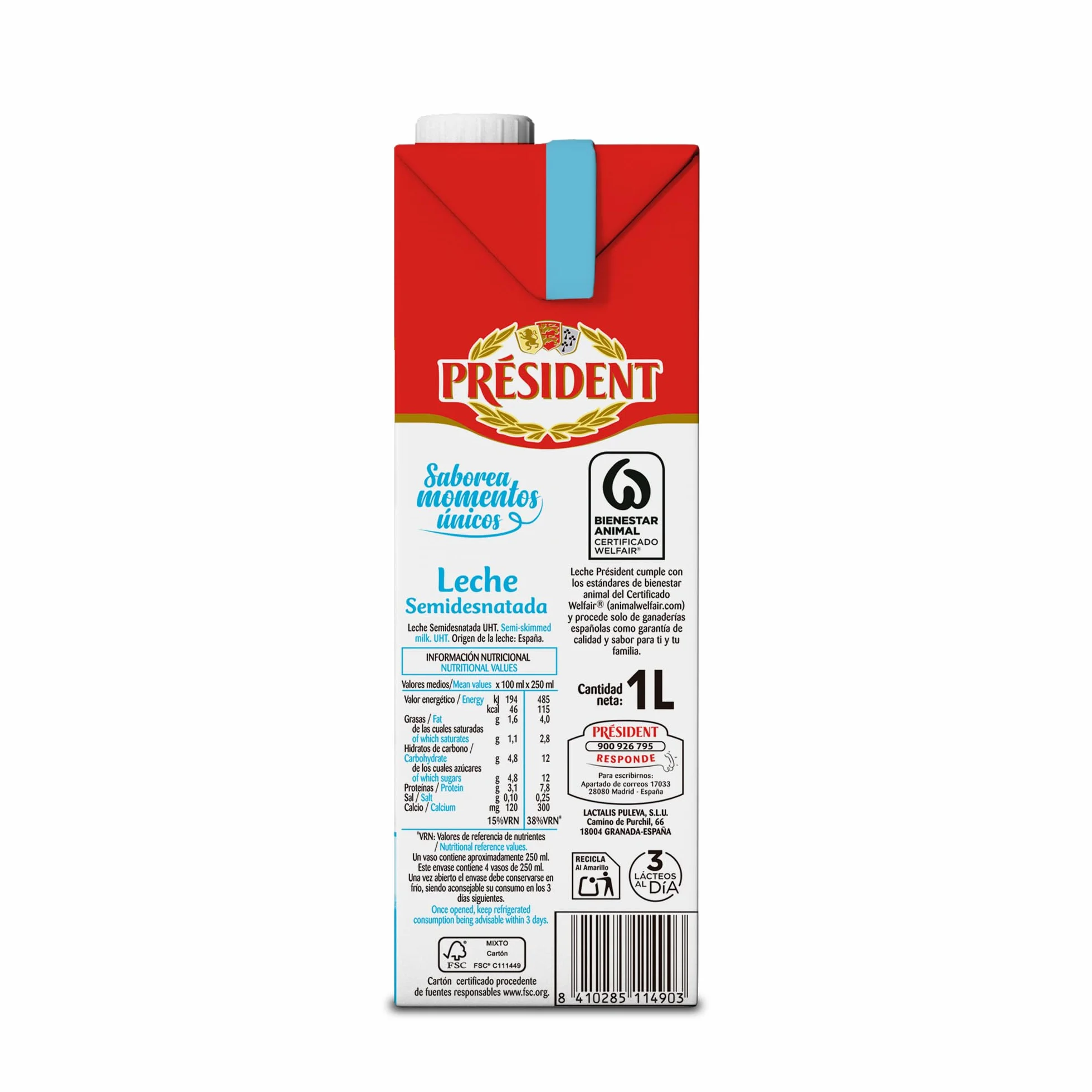 Président Leche Semidesnatada Bienestar Animal Brik UHT Pack 6 x 1L