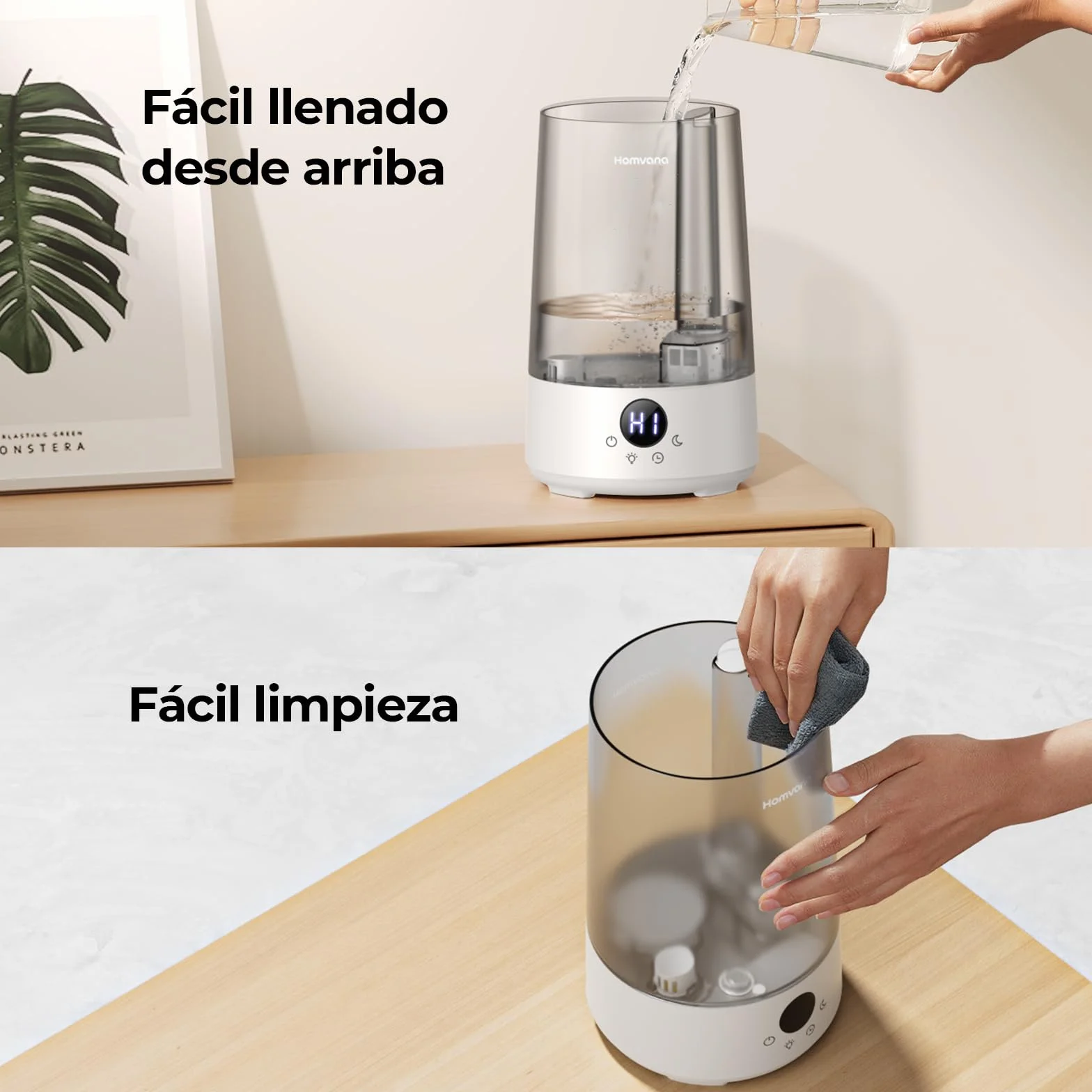 Homvana Humidificador Bebes Mocos y Tos 3.6L Cool Mist Silencioso Top-Fill 34 Horas BPA Free Gris