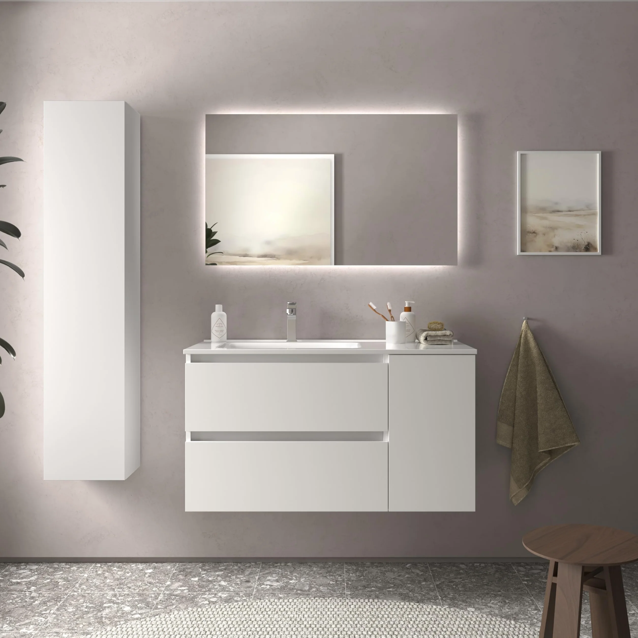 Salgar Mueble de Baño Bequia 90cm + Coqueta 1 Puerta Derecha + Lavabo cerámica | Blanco Mate |90x45x56