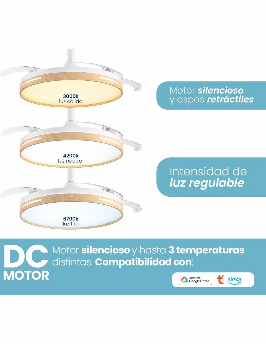 JARDIN202 - Ventilador de Techo con Aspas Retráctiles, Motor DC, Temporizador, Luz LED Regulable, Mando a Distancia, 6 Velocidades | 50 cm (Vejer Wifi Madera)