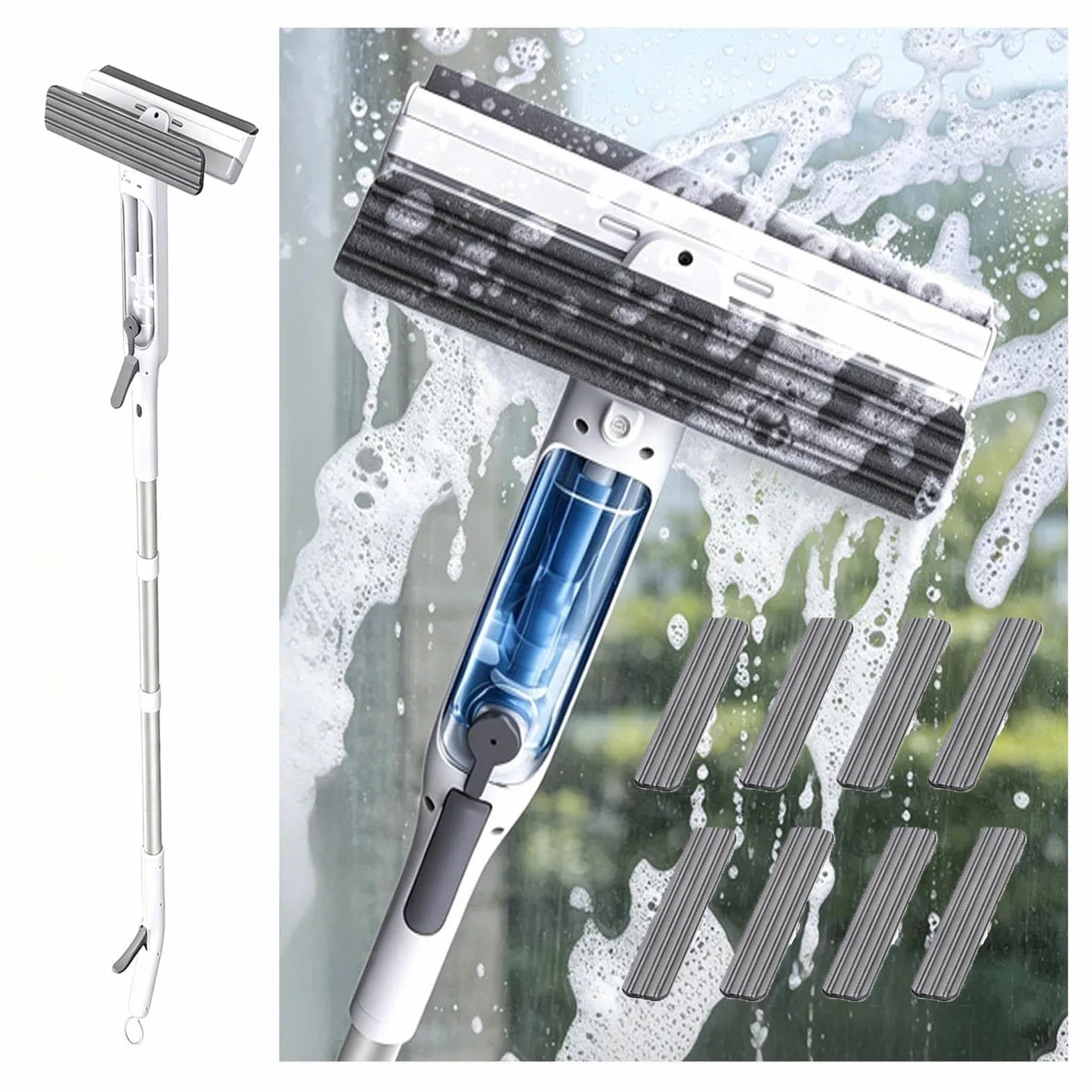 Limpiacristales 4 en 1 con Mango Telescópico de Ventanas con Depósito de Agua Residual Limpiacristales en Spray de Doble Cara Adecuado para Múltiples Escenarios