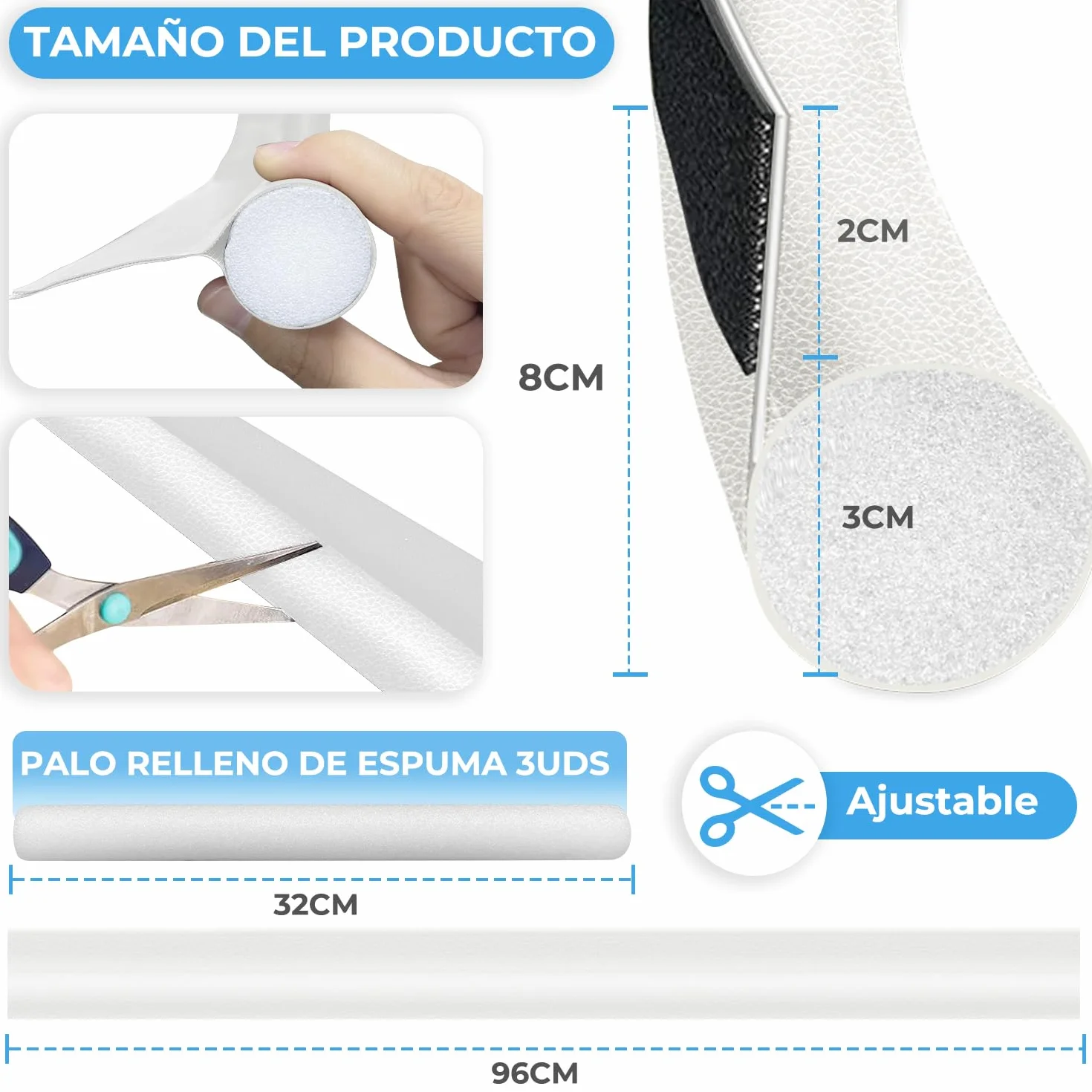 Burlete para Puertas 96 cm, Tope para Puertas, Burlete Bajo Puerta, Aislamiento Acústico, 3 Piezas Blanco