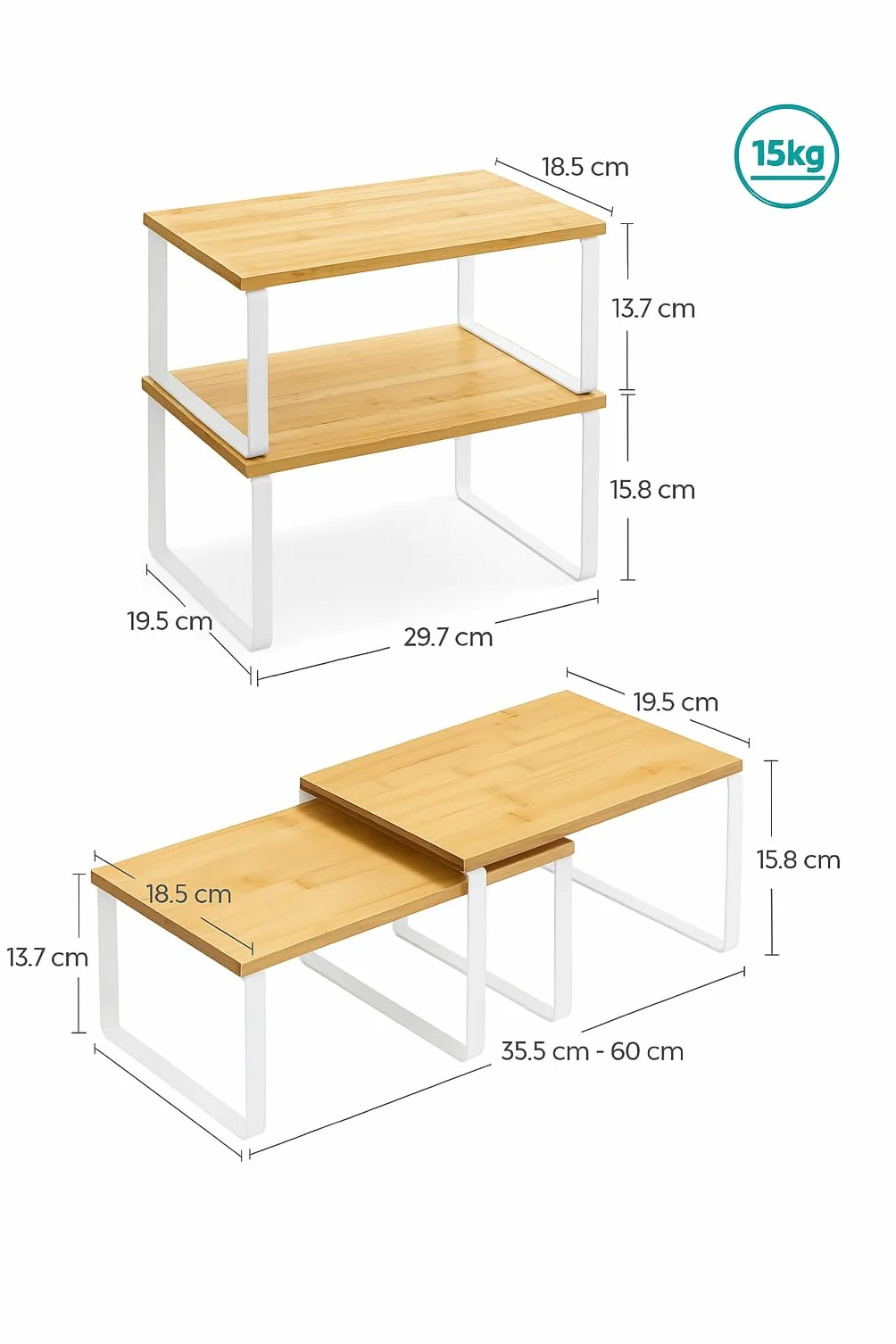 Estante de Cocina Organizador, Juego de 2, Soporte Apilable de Armario y Encimera, Estantería de Almacenamiento de Metal y Madera Técnica, Blanco
