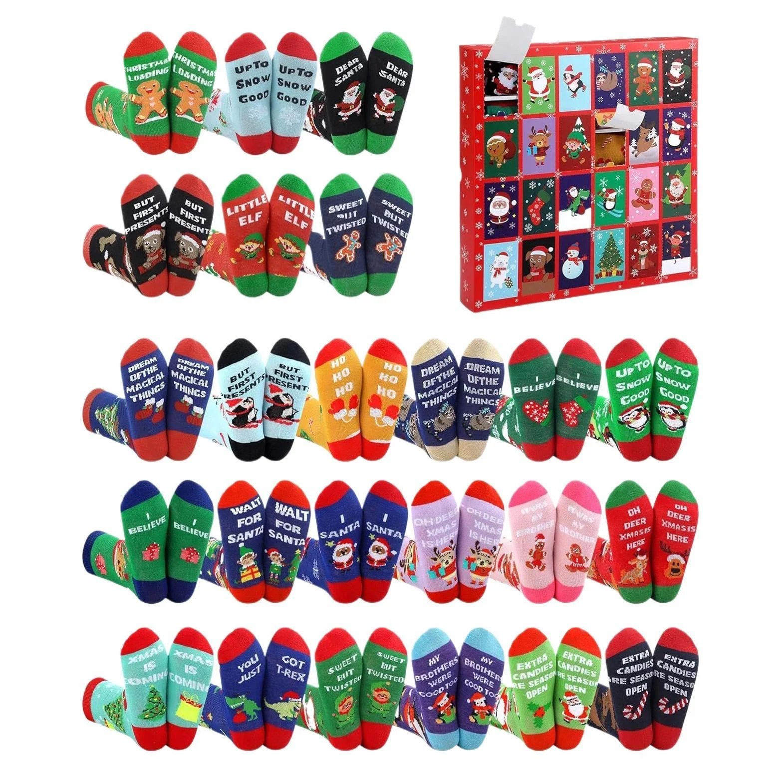 Calendario De Cuenta Regresiva Navideño 24 Pares de Calcetines Crew para | Calcetines Unisex Calendario De Adviento 24 Días Para Adolescentes Niños Niñas Vacaciones Festivales